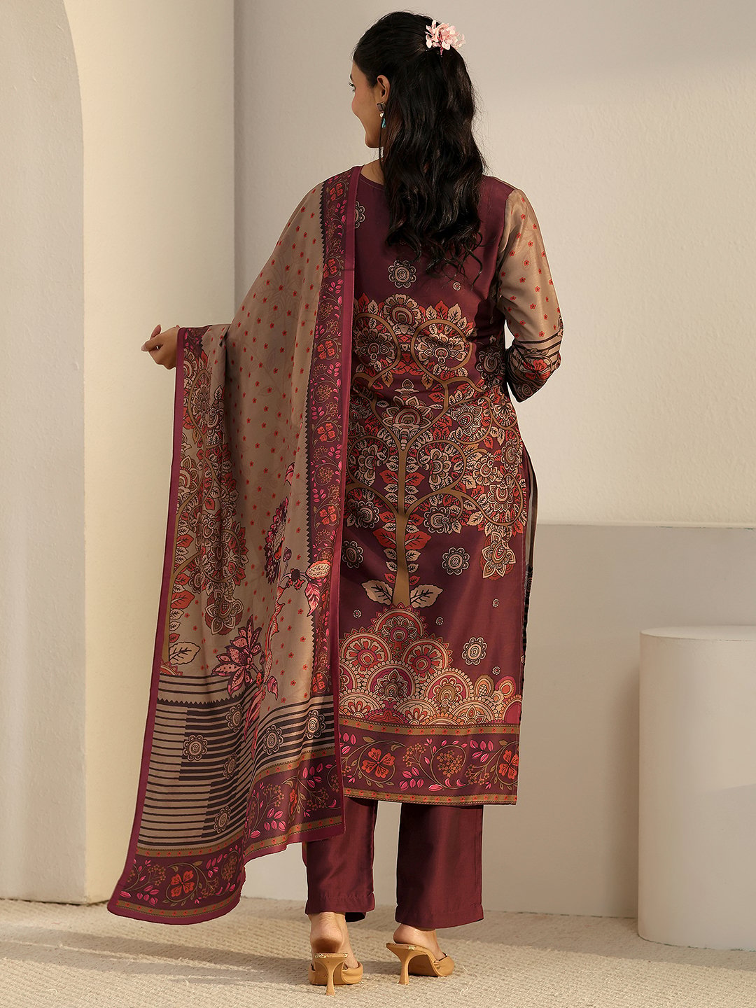 Brown Printed Kurta Set with Dupatta