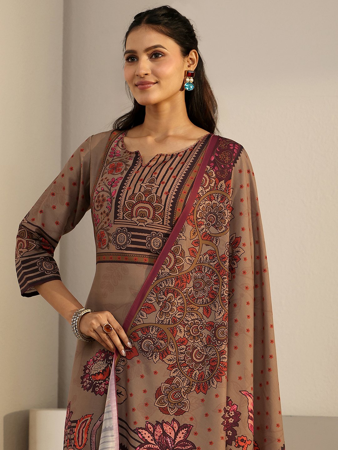 Brown Printed Kurta Set with Dupatta