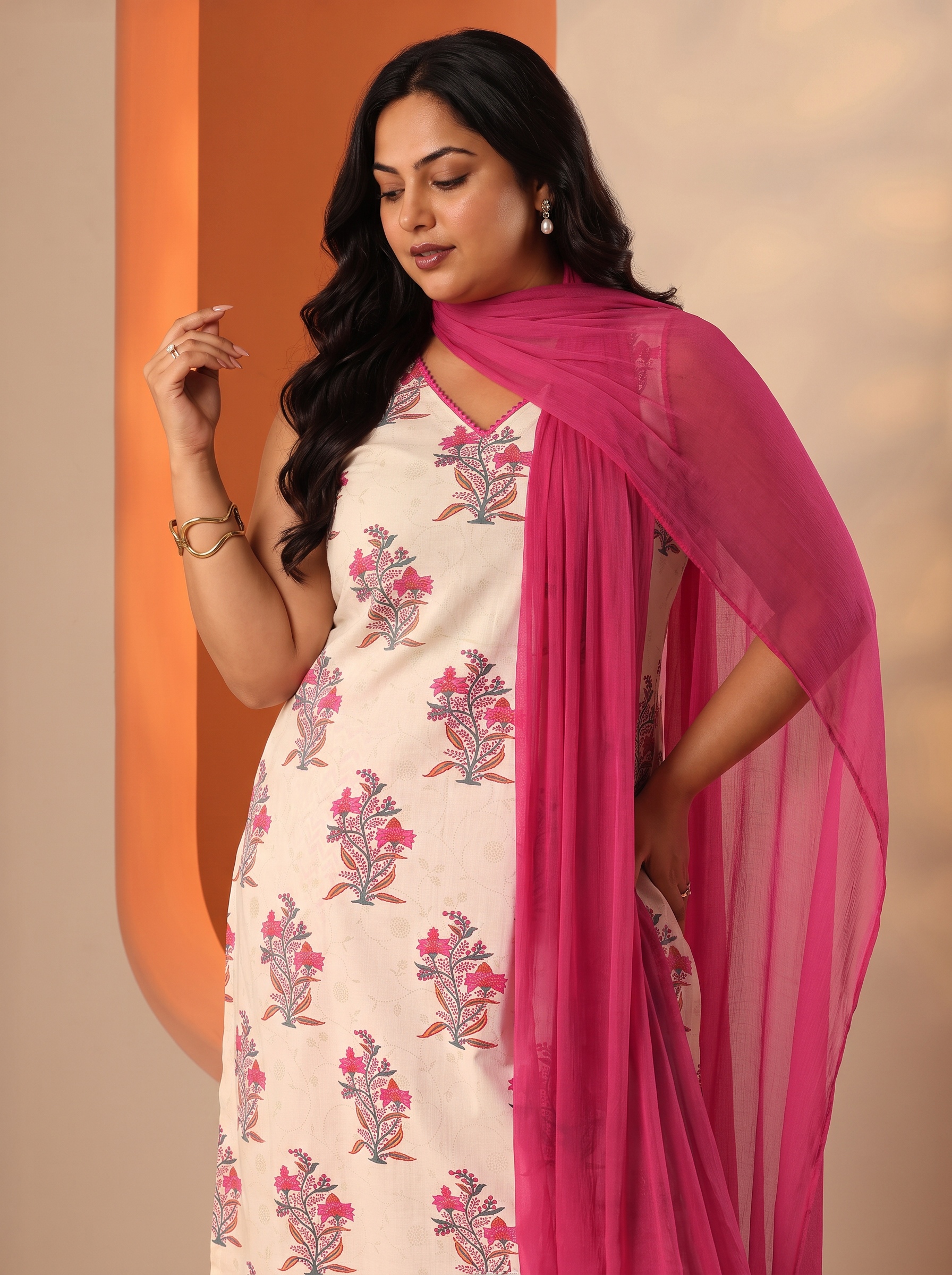 Off-White Printed Plus Size Kurta Set with Dupatta