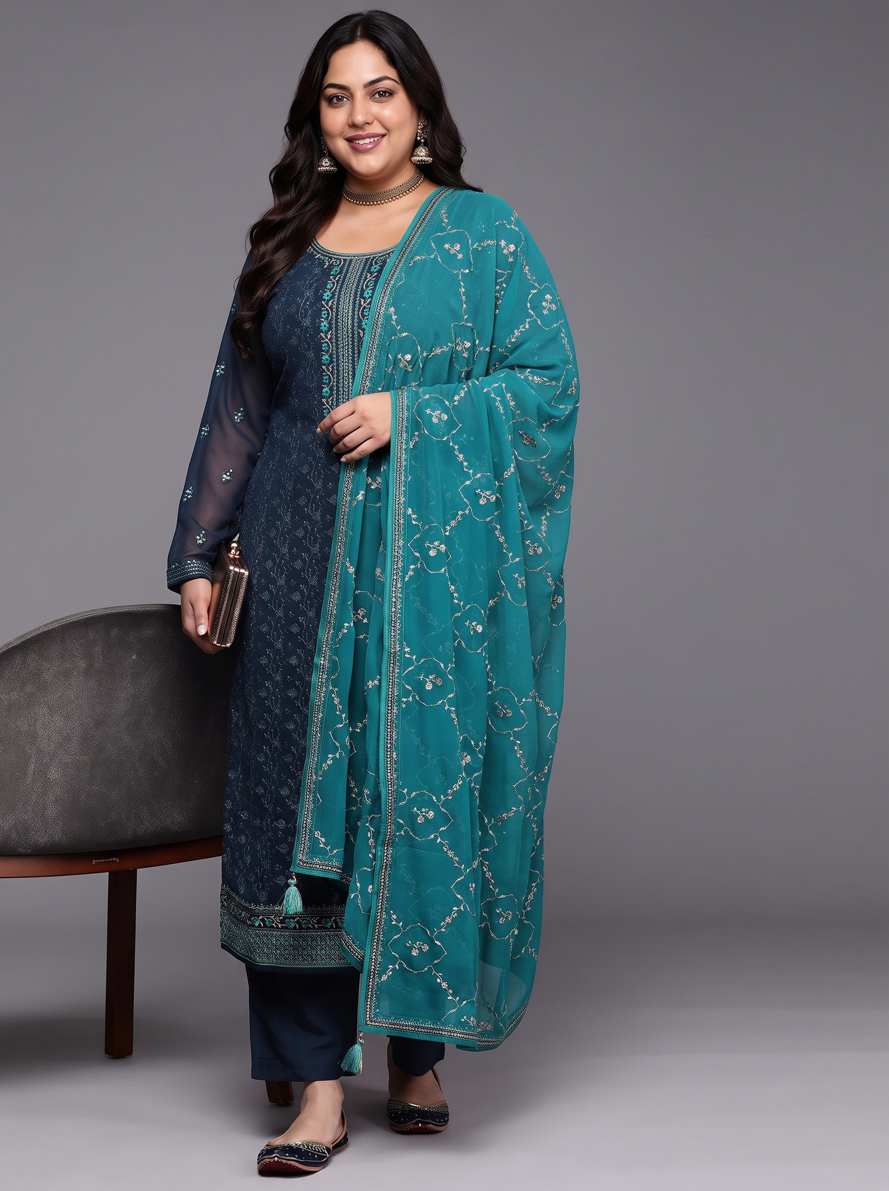 Navy Blue Embroidered Georgette Kurta Set with Dupatta