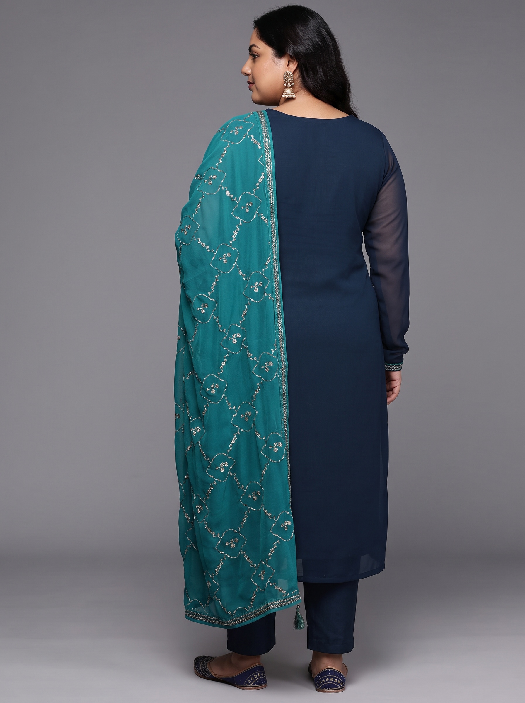 Navy Blue Embroidered Georgette Kurta Set with Dupatta