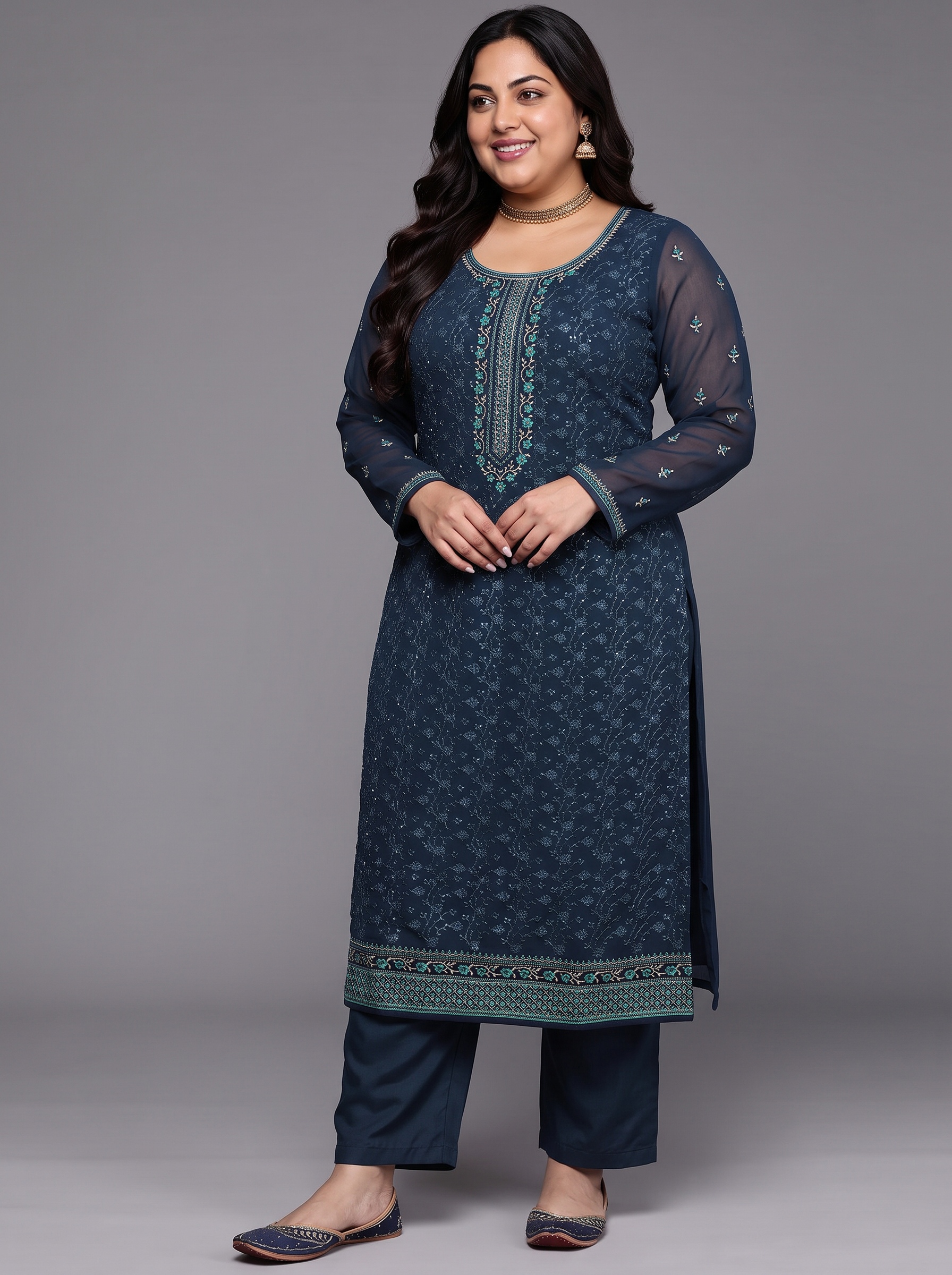 Navy Blue Embroidered Georgette Kurta Set with Dupatta