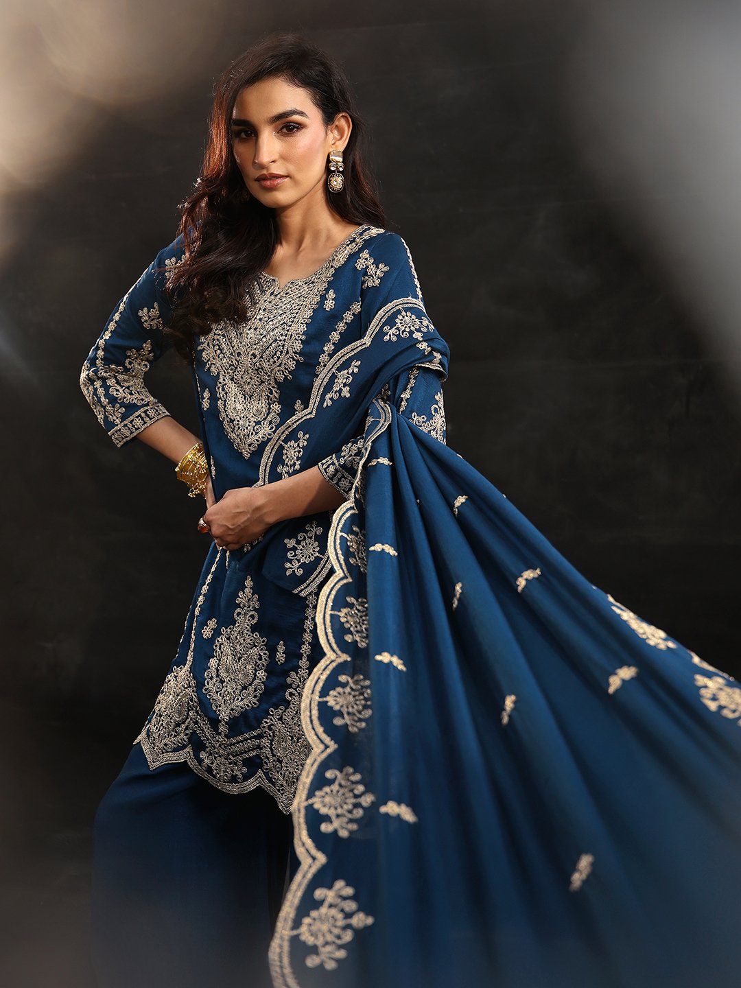 Blue Embroidered Chinon Kurta Set with Flared Palazzo and Dupatta