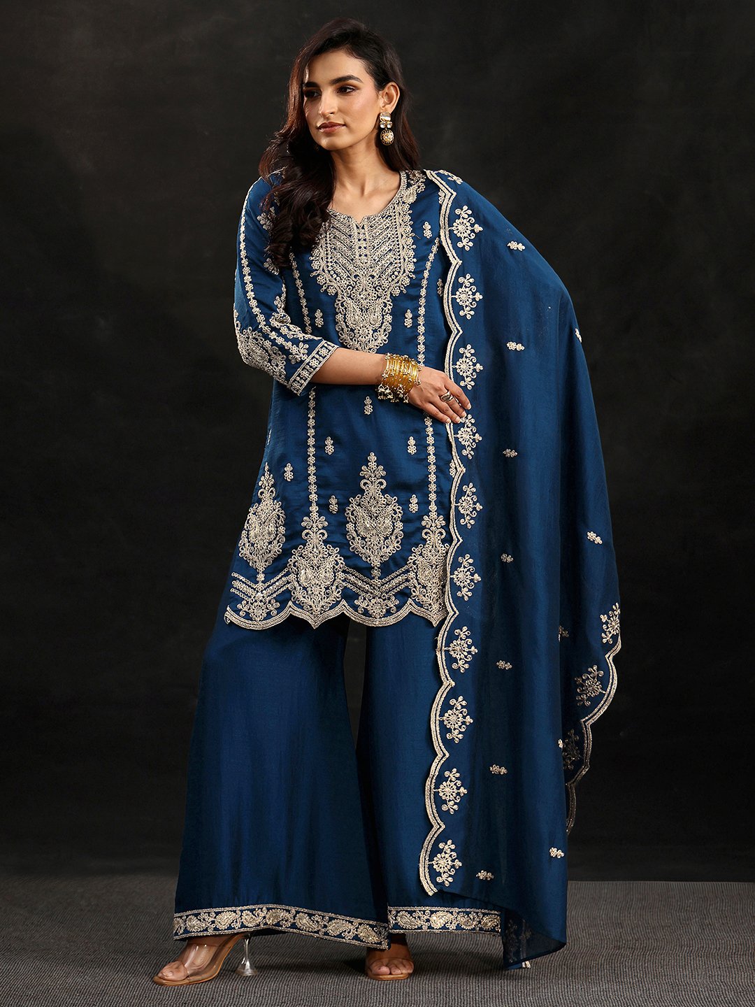Blue Embroidered Chinon Kurta Set with Flared Palazzo and Dupatta