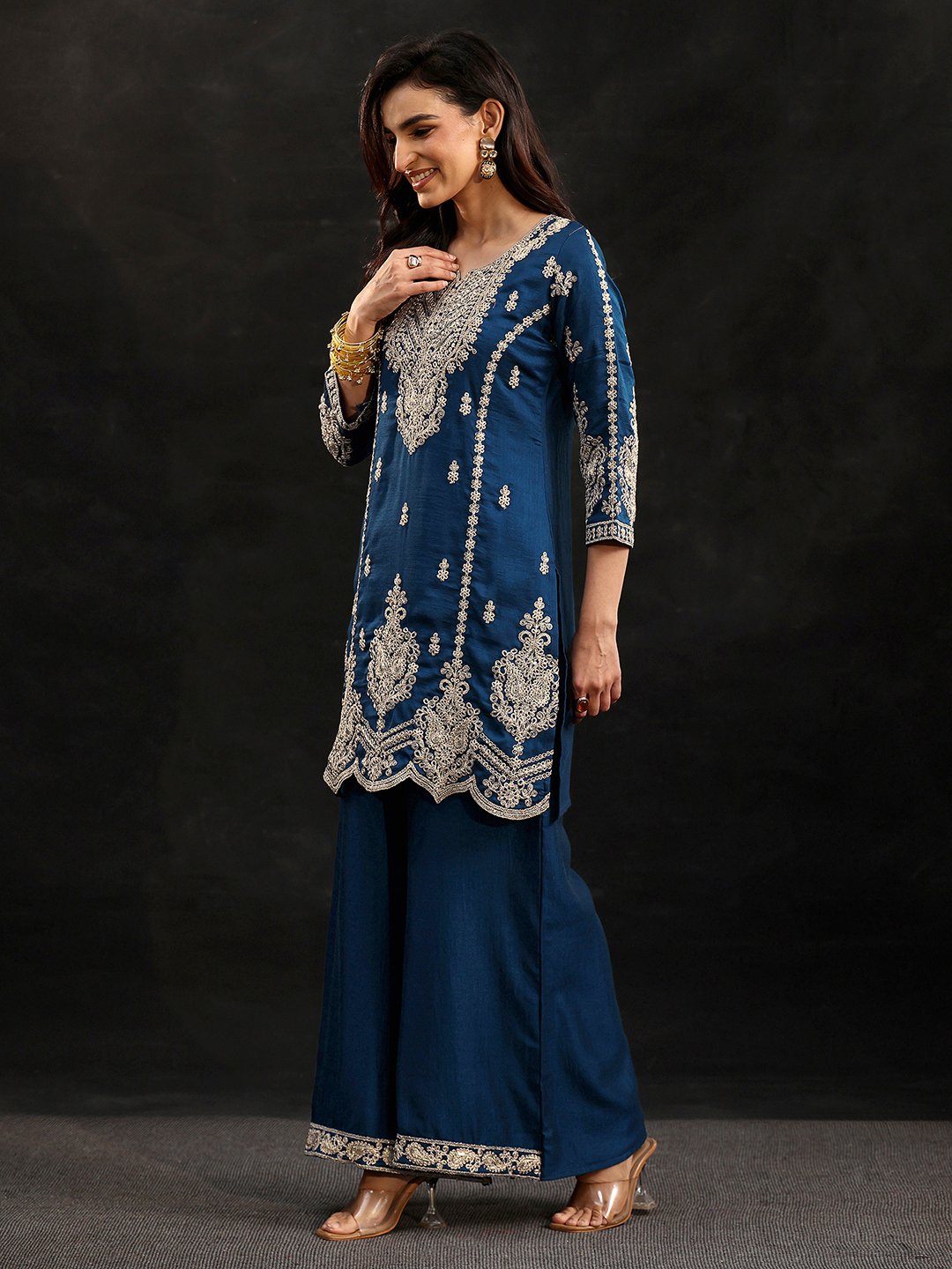 Blue Embroidered Chinon Kurta Set with Flared Palazzo and Dupatta
