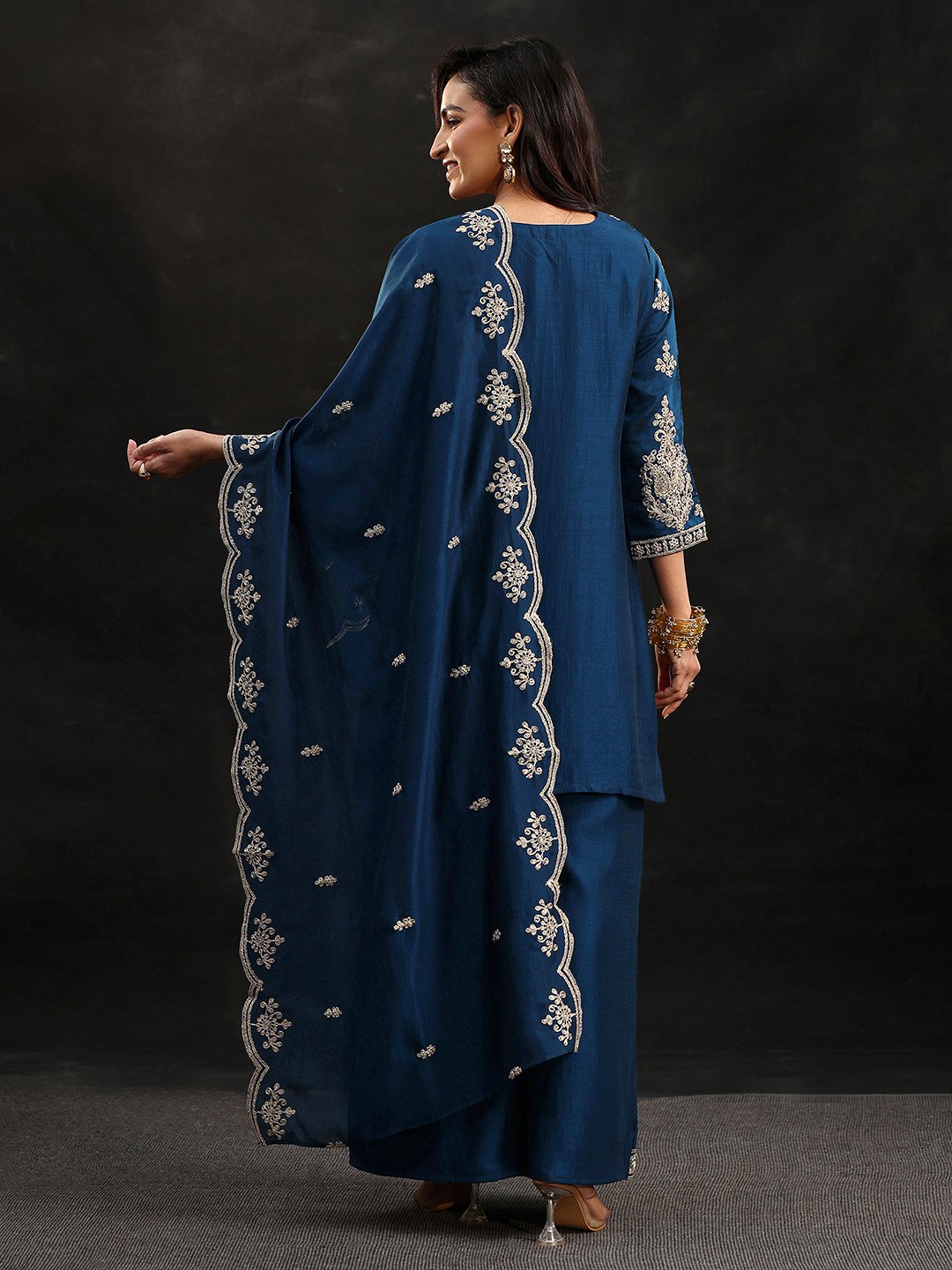 Blue Embroidered Chinon Kurta Set with Flared Palazzo and Dupatta