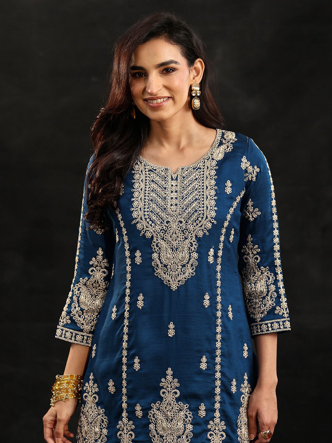 Blue Embroidered Chinon Kurta Set with Flared Palazzo and Dupatta