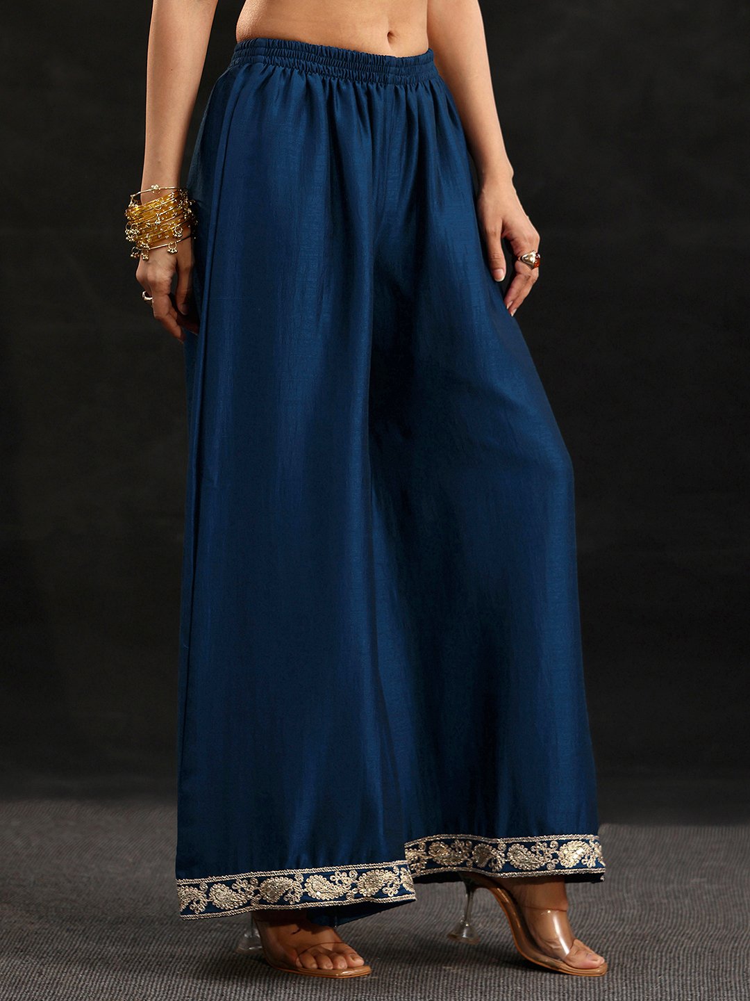 Blue Embroidered Chinon Kurta Set with Flared Palazzo and Dupatta