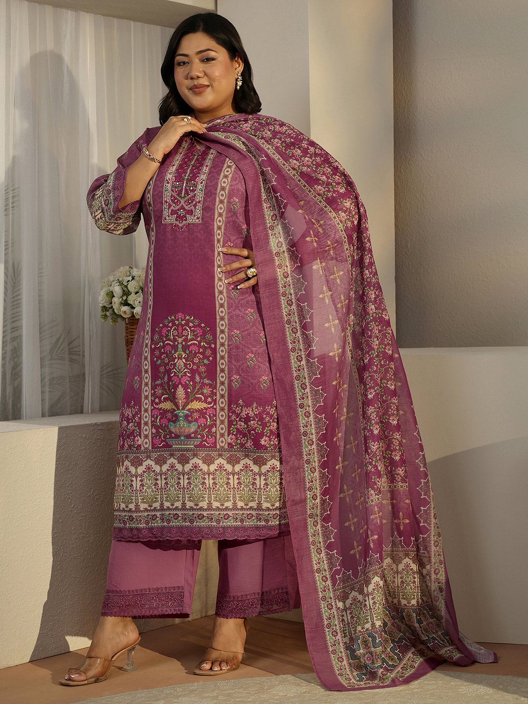 Plus Size Purple Printed Kurta Set with Palazzo and Dupatta