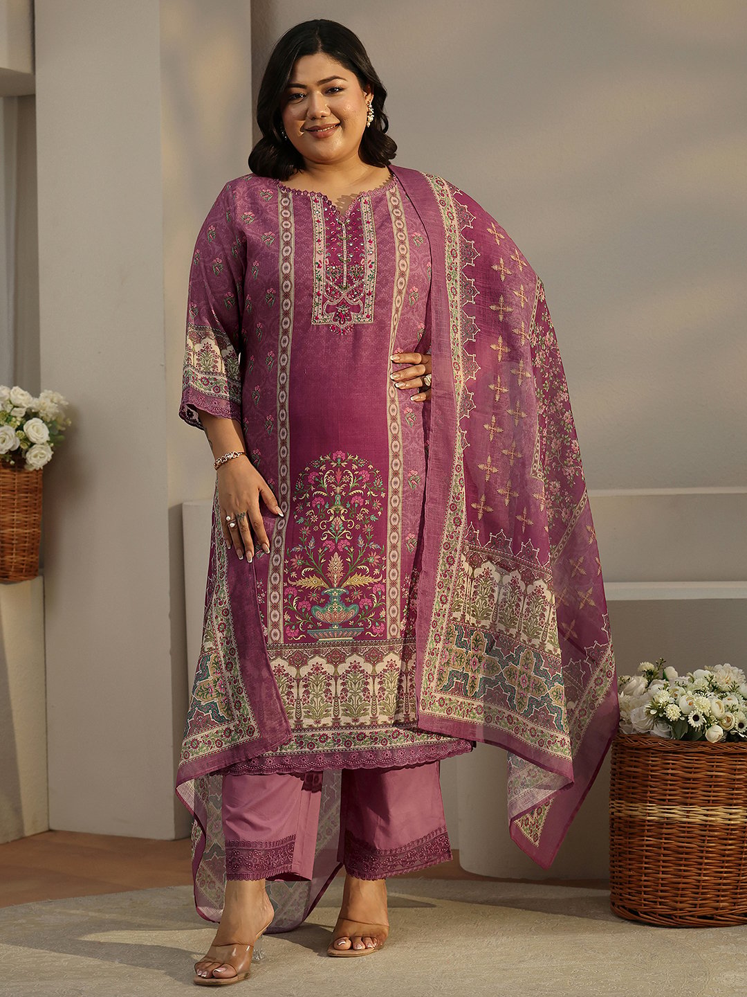 Plus Size Purple Printed Kurta Set with Palazzo and Dupatta
