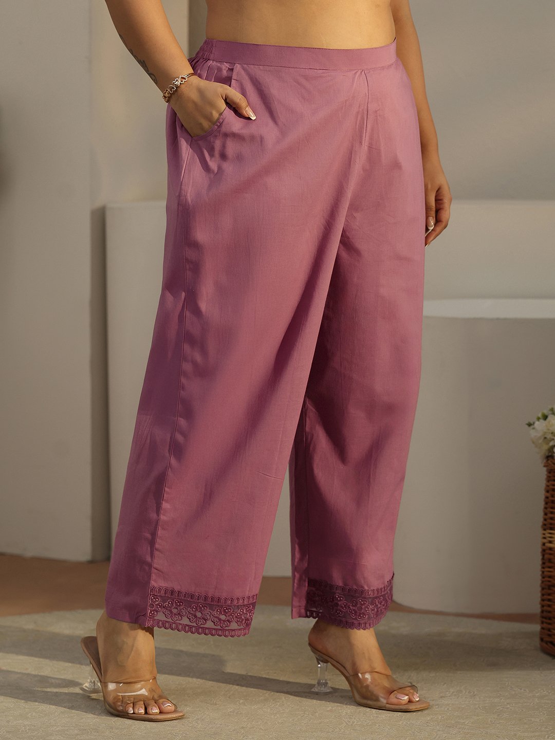 Plus Size Purple Printed Kurta Set with Palazzo and Dupatta