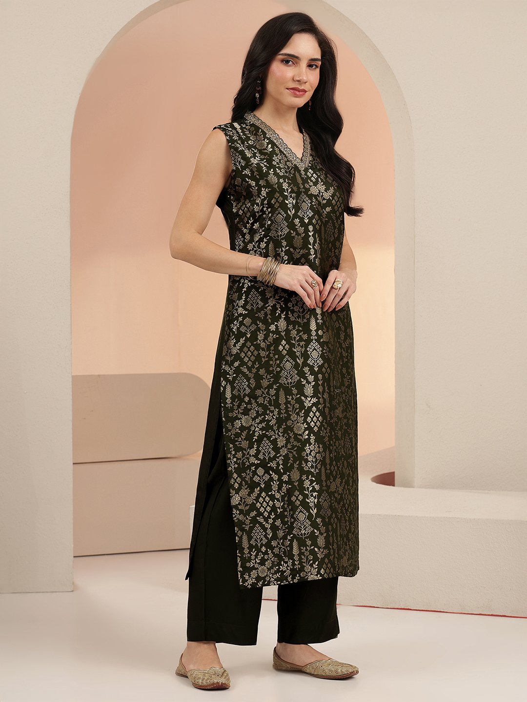 Olive Green Floral Embroidered Silk Blend Kurta Set with Dupatta