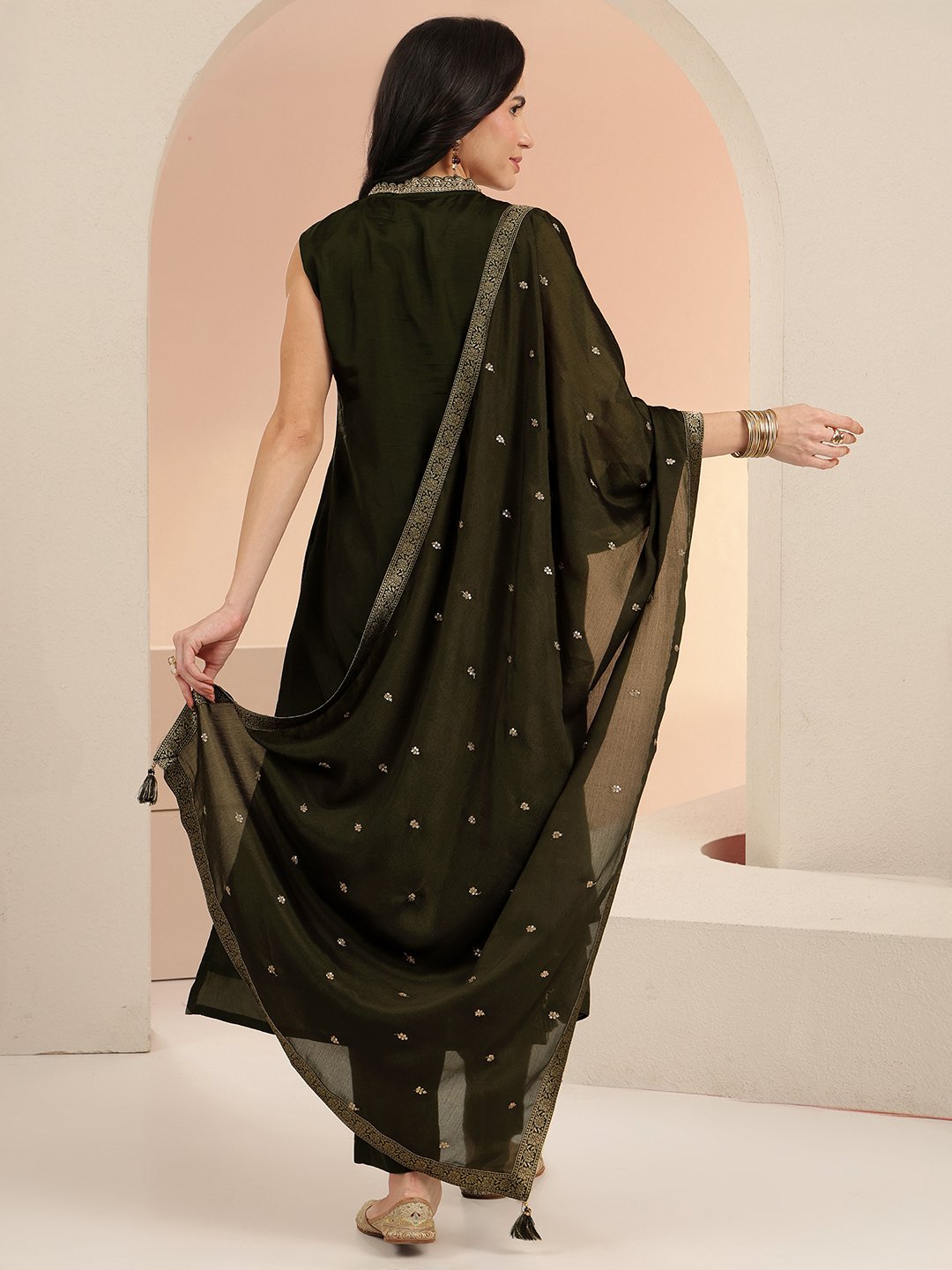 Olive Green Floral Embroidered Silk Blend Kurta Set with Dupatta