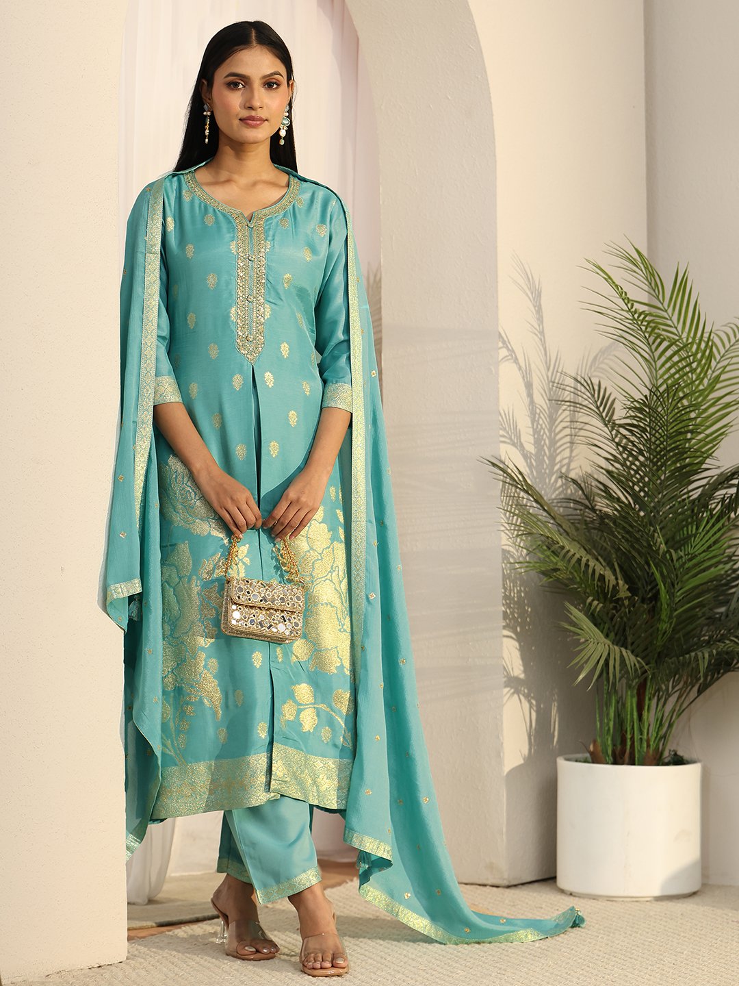 Blue Woven Silk Blend Kurta Set with Dupatta