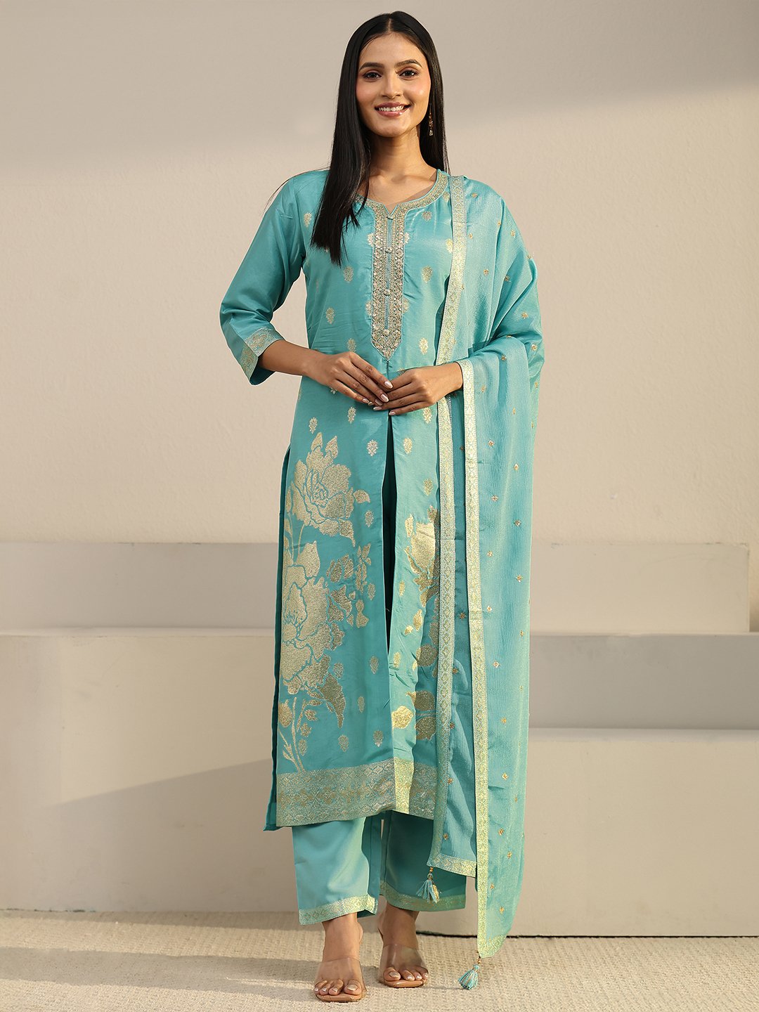 Blue Woven Silk Blend Kurta Set with Dupatta