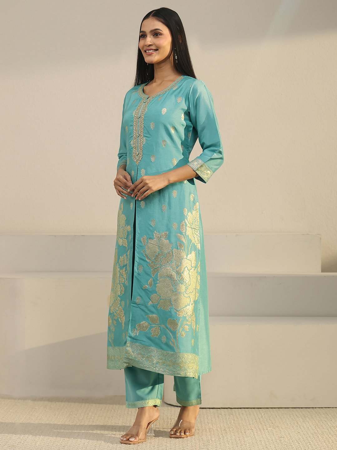 Blue Woven Silk Blend Kurta Set with Dupatta