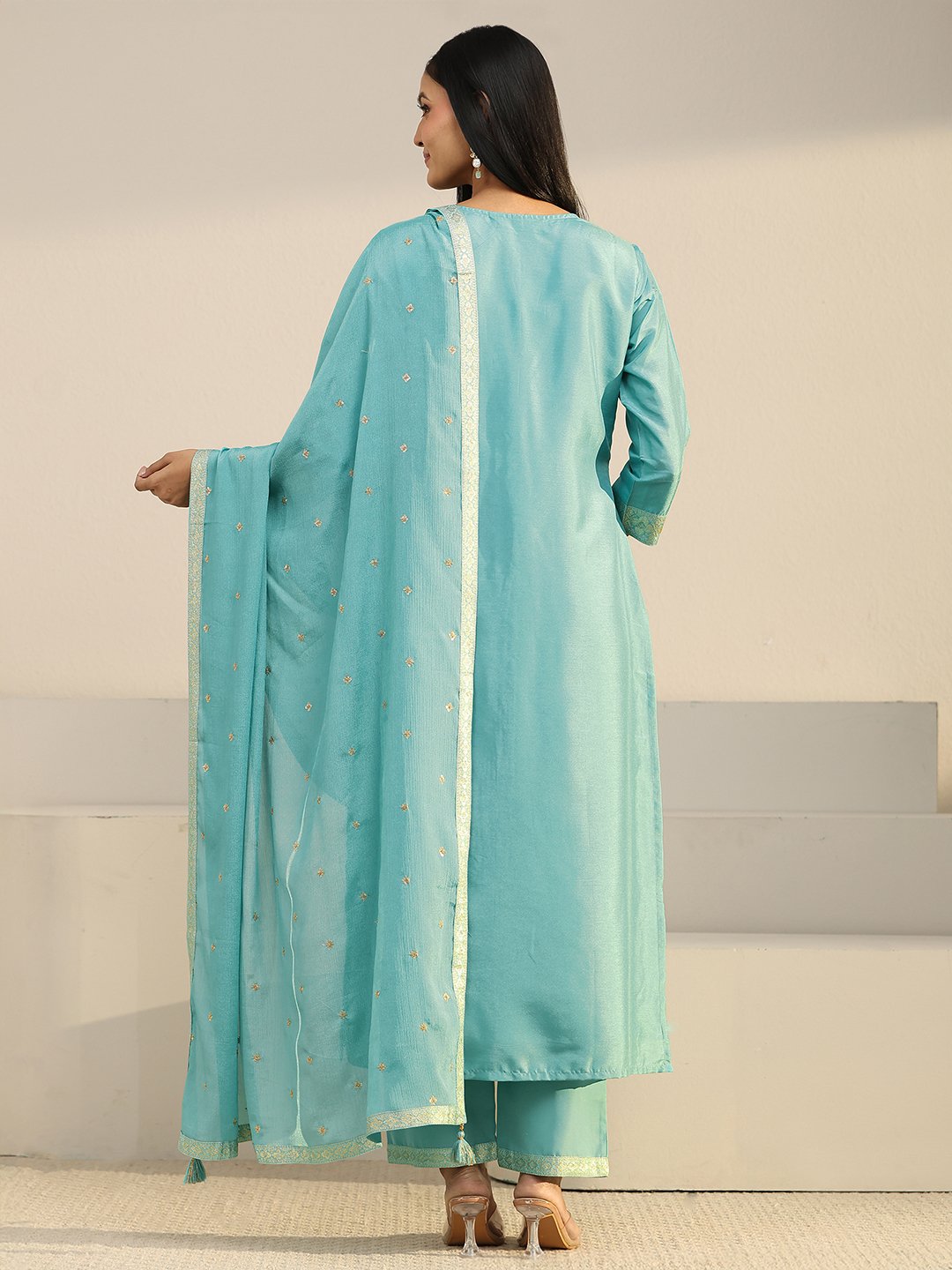 Blue Woven Silk Blend Kurta Set with Dupatta