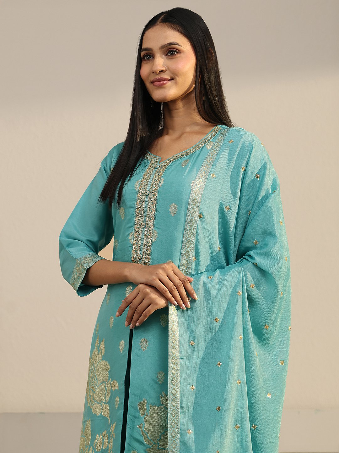 Blue Woven Silk Blend Kurta Set with Dupatta