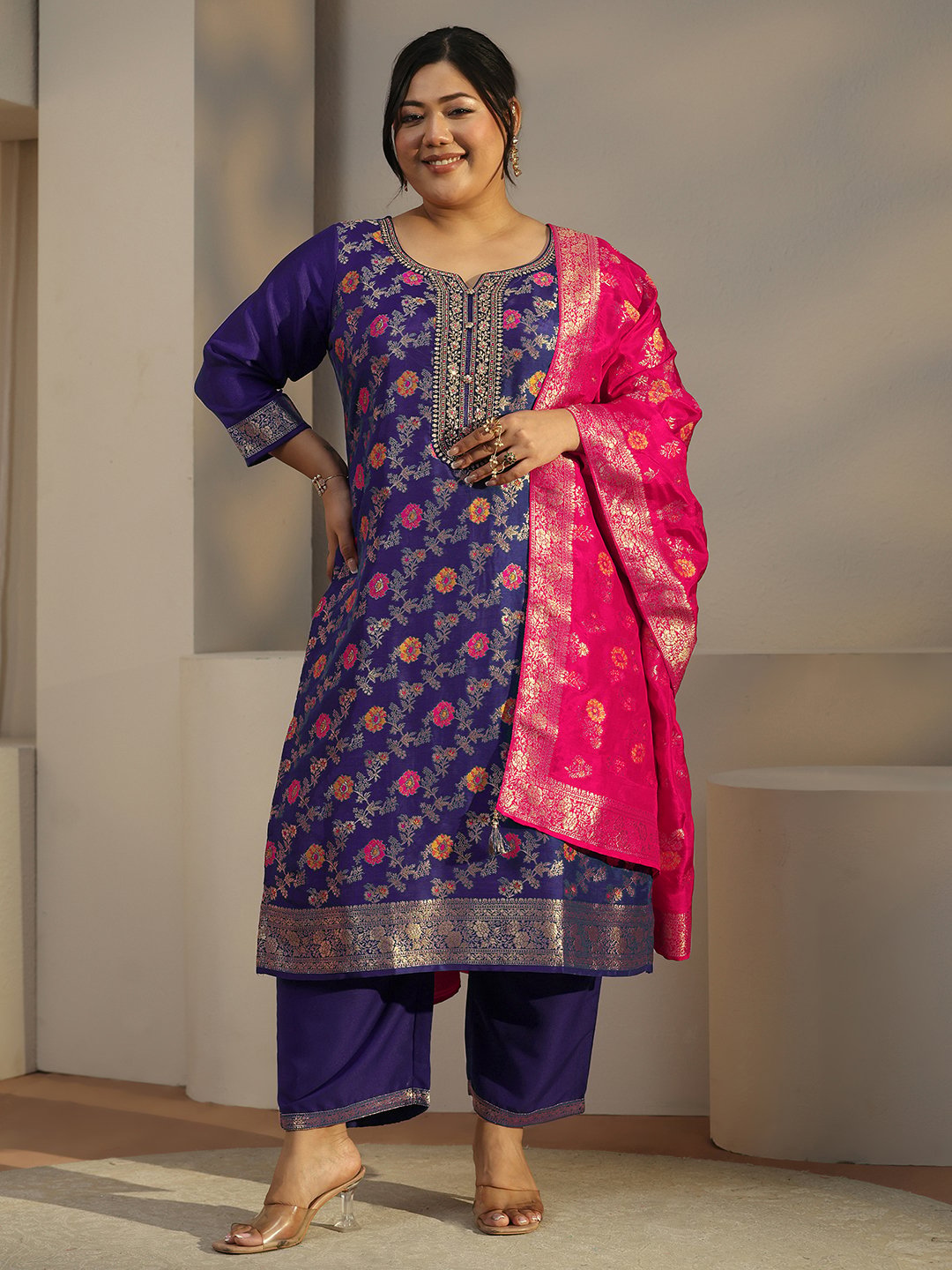 Plus Size Navy Blue Printed Silk Blend Kurta Set with Dupatta