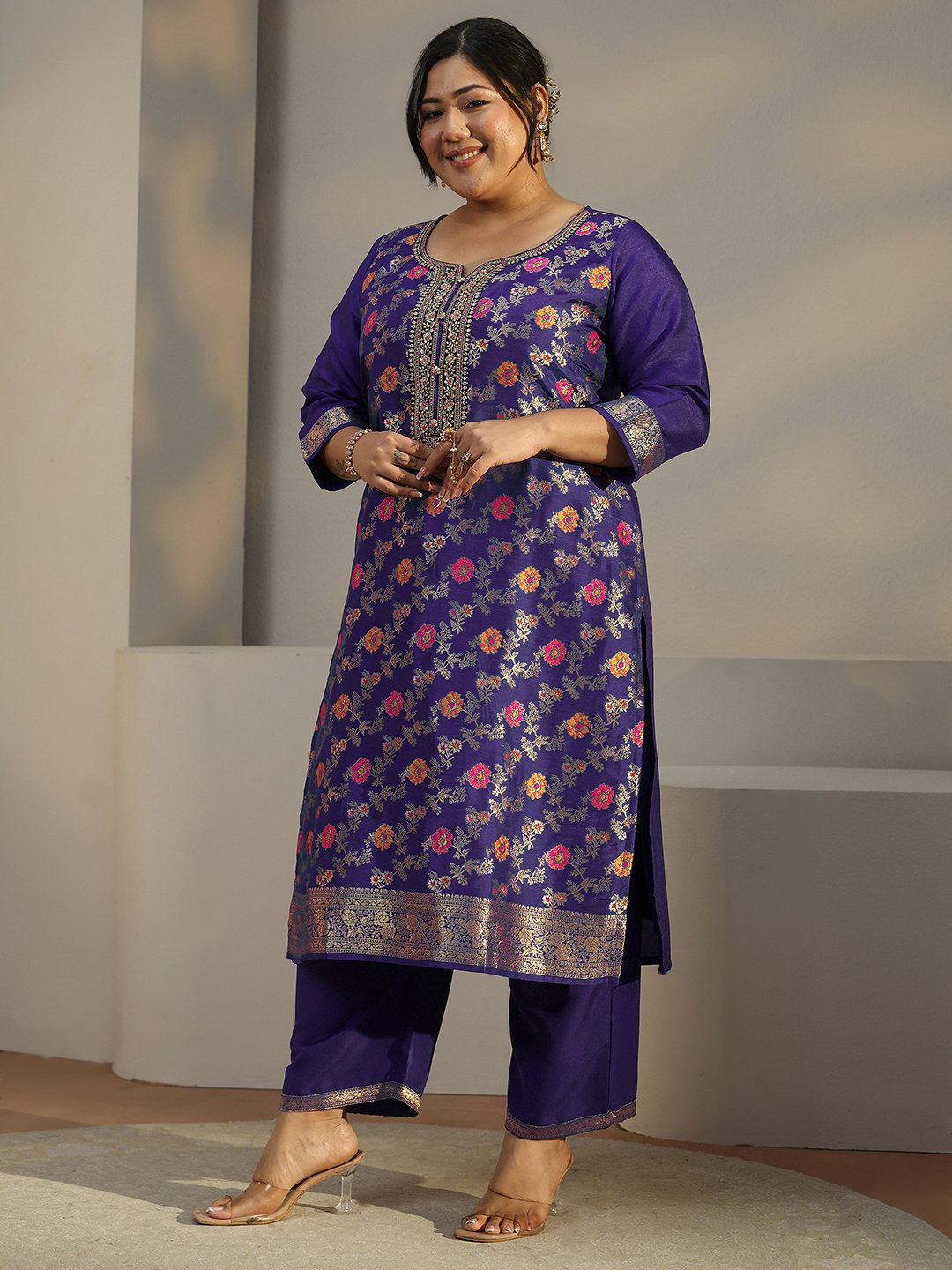 Plus Size Navy Blue Printed Silk Blend Kurta Set with Dupatta