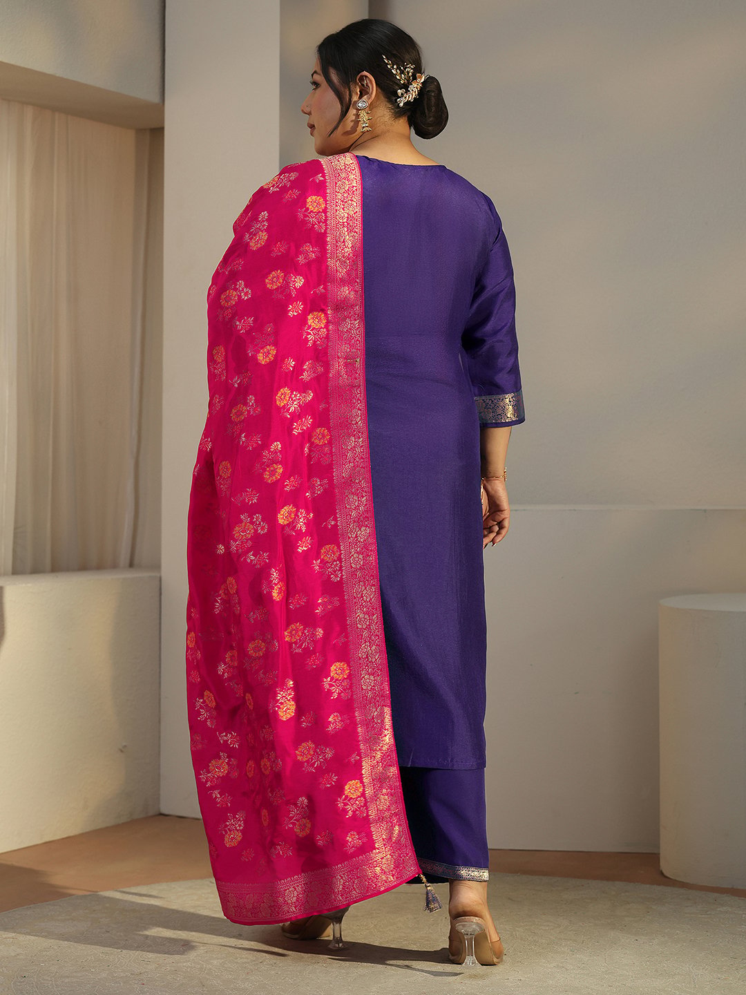 Plus Size Navy Blue Printed Silk Blend Kurta Set with Dupatta