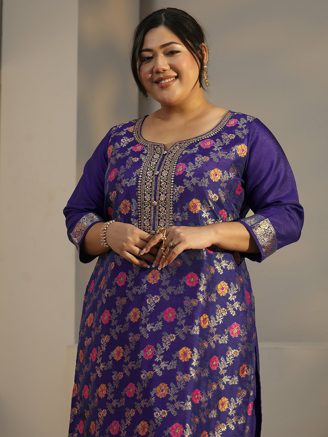 Plus Size Navy Blue Printed Silk Blend Kurta Set with Dupatta