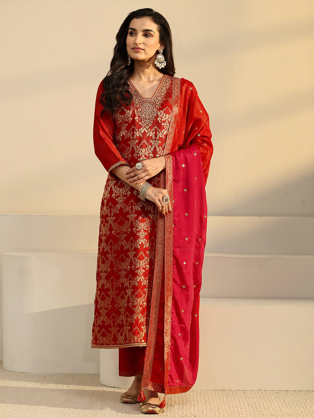 Red Zari Woven Kurta Set with Dupatta and Straight Pants