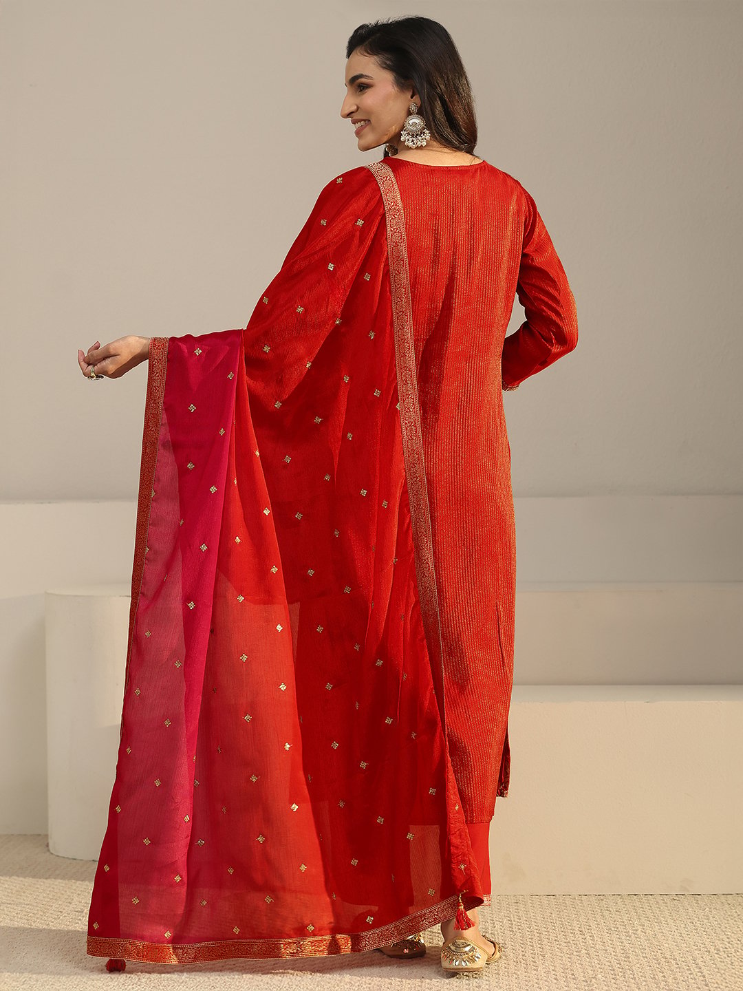 Red Zari Woven Kurta Set with Dupatta and Straight Pants