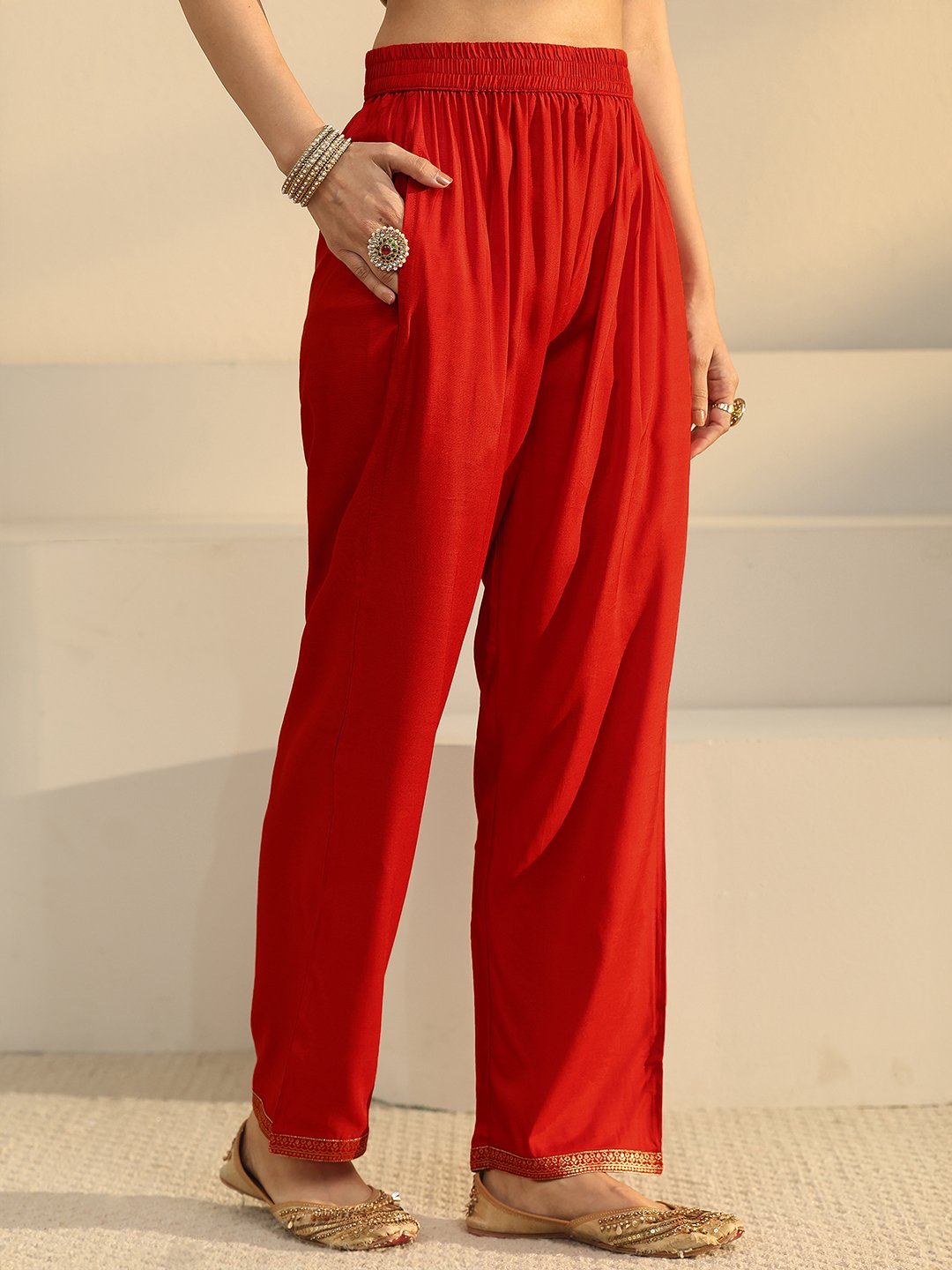 Red Zari Woven Kurta Set with Dupatta and Straight Pants