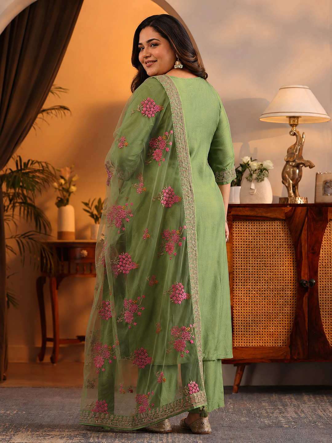 Green Printed Silk Blend Kurta Set with Dupatta