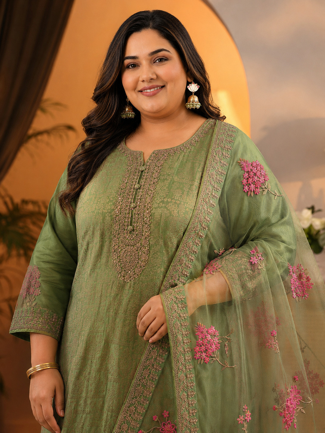 Green Printed Silk Blend Kurta Set with Dupatta