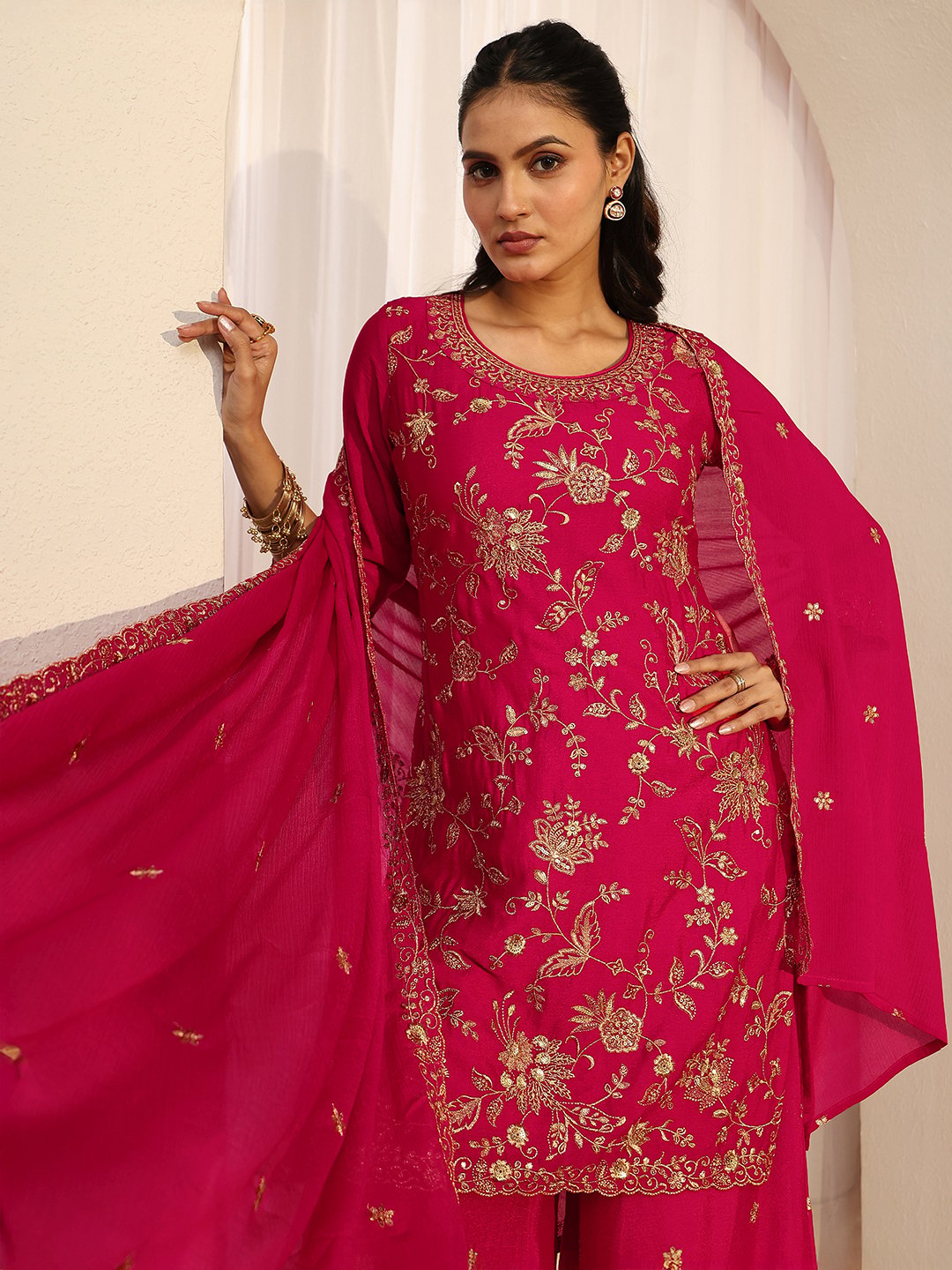 Embroidered Kurta Palazzo and Dupatta Set