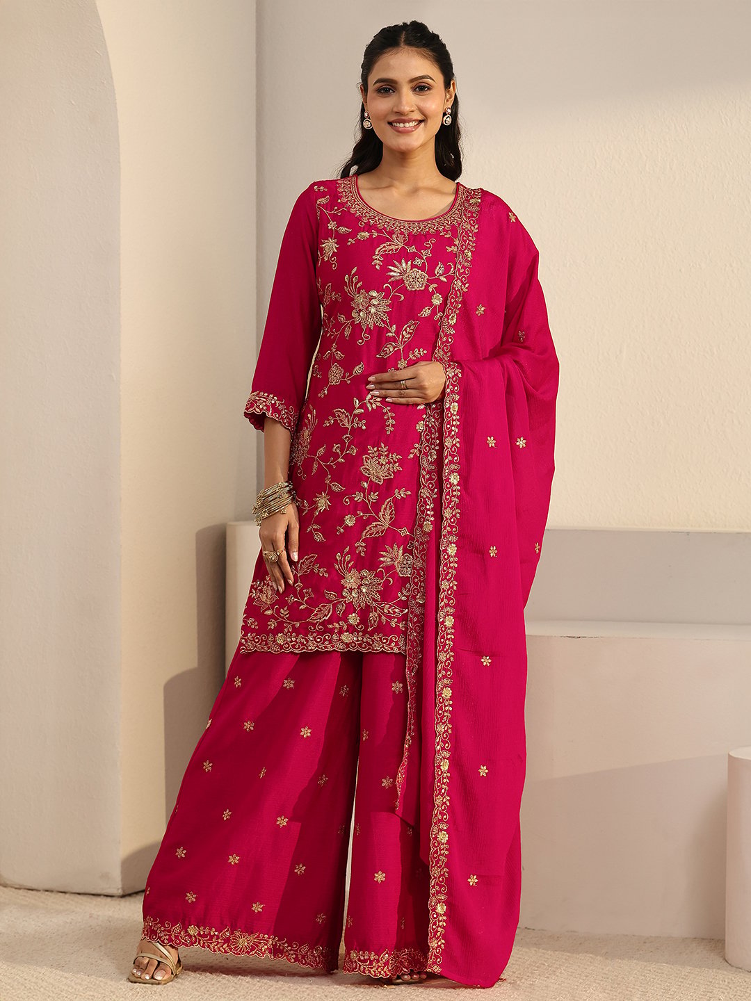 Embroidered Kurta Palazzo and Dupatta Set