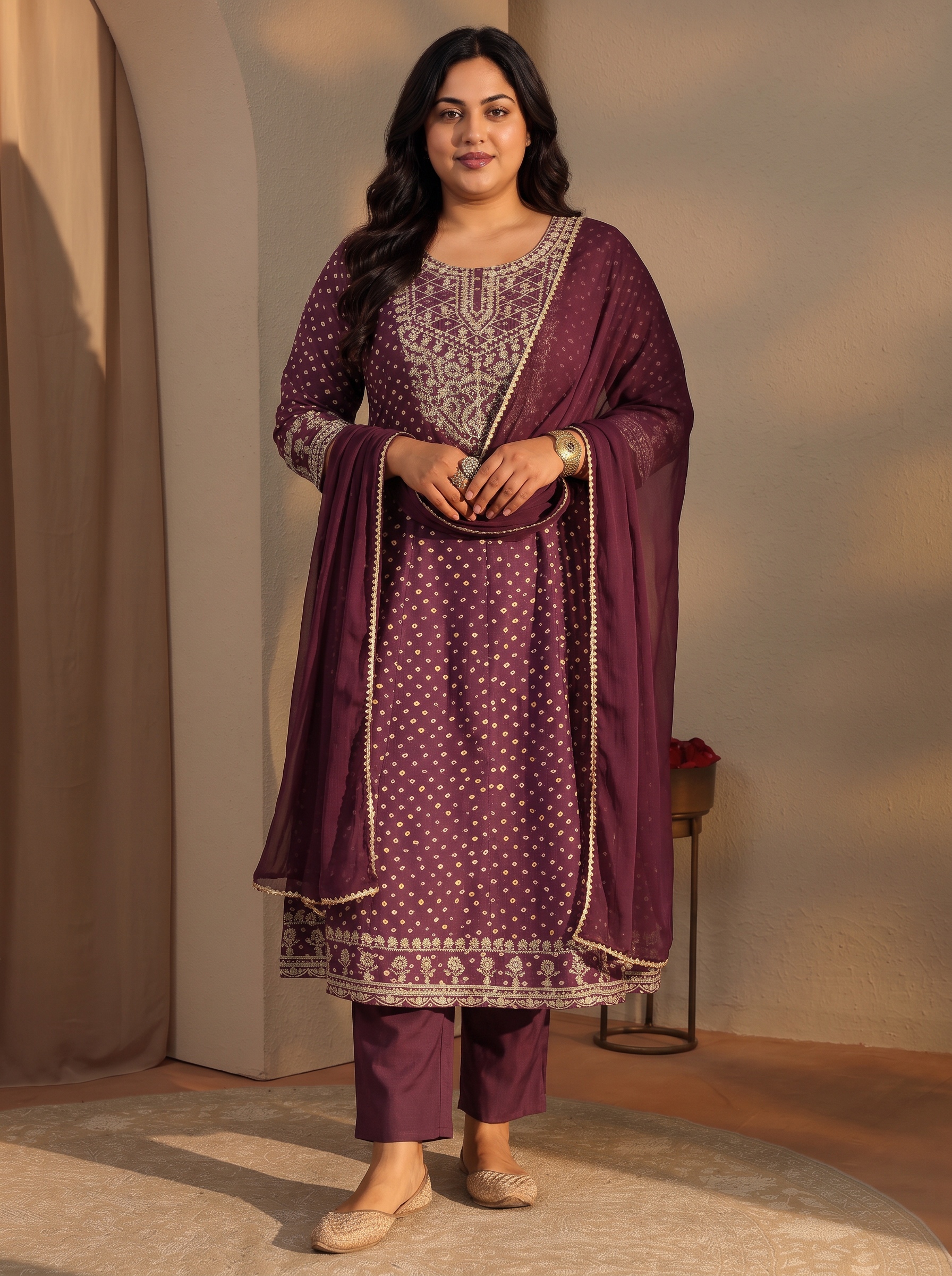 Plus Size Burgundy Embroidered Bandhani Kurta Set with Dupatta