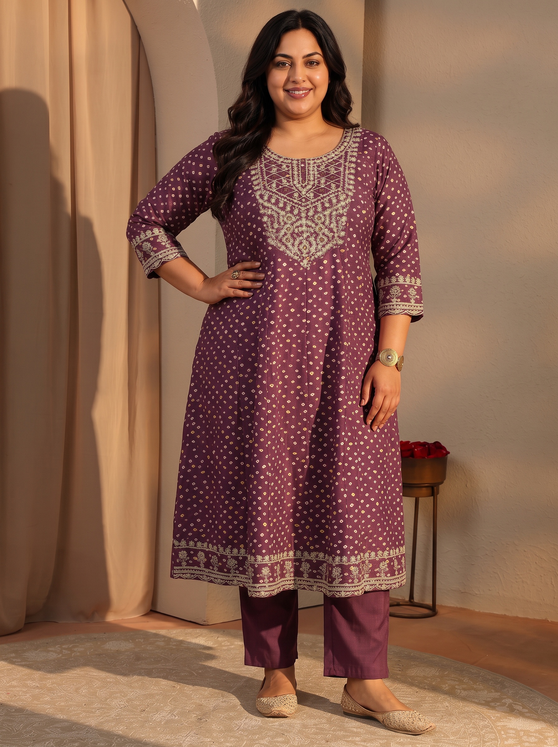 Plus Size Burgundy Embroidered Bandhani Kurta Set with Dupatta