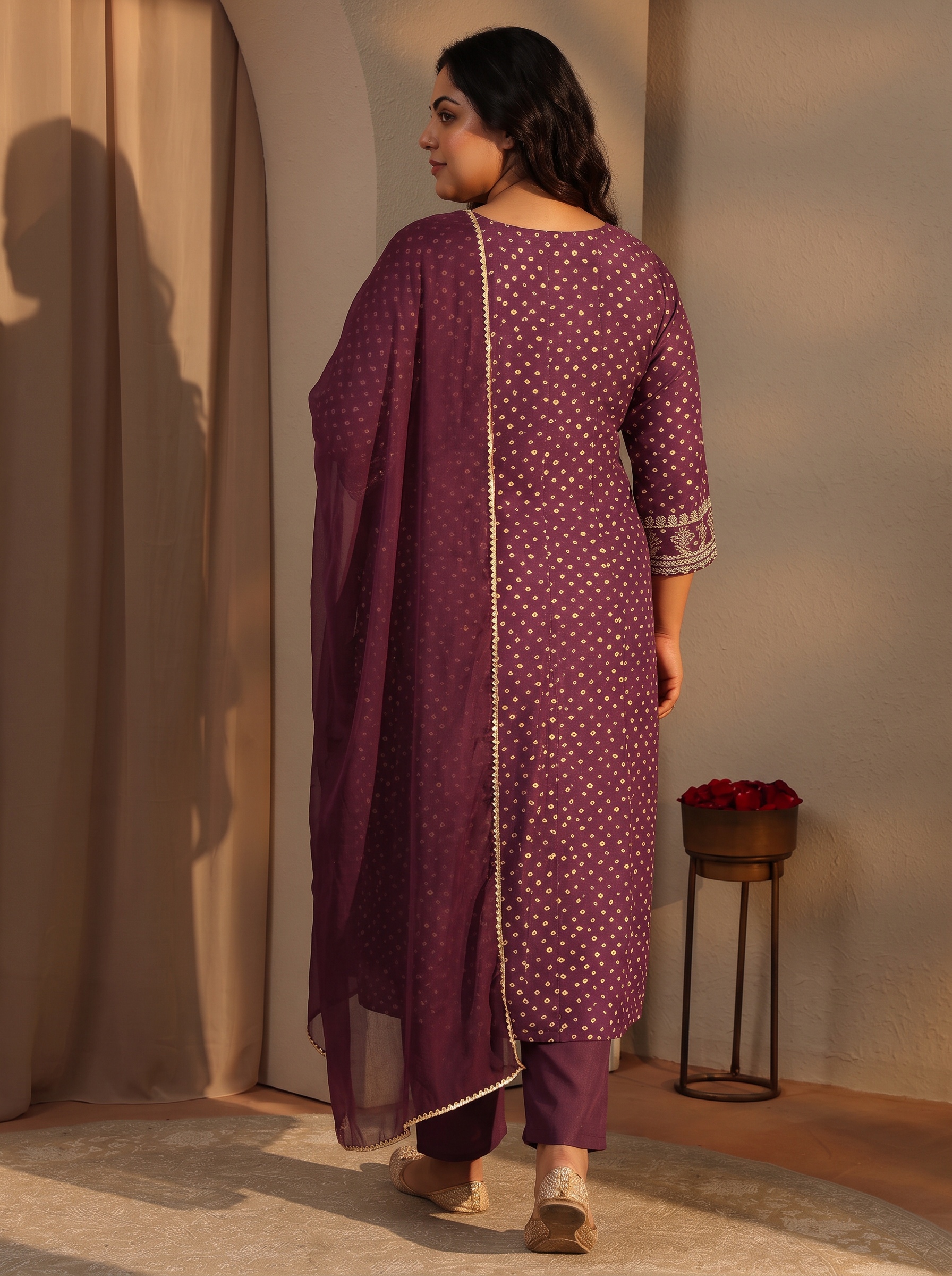 Plus Size Burgundy Embroidered Bandhani Kurta Set with Dupatta