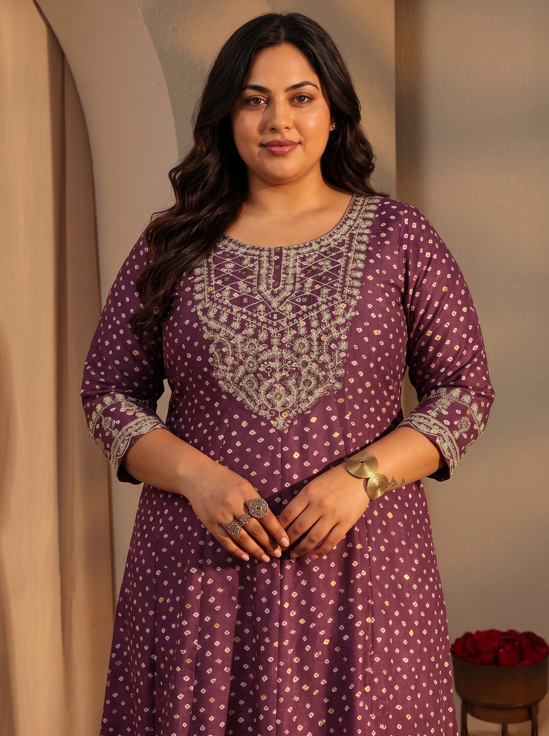 Plus Size Burgundy Embroidered Bandhani Kurta Set with Dupatta