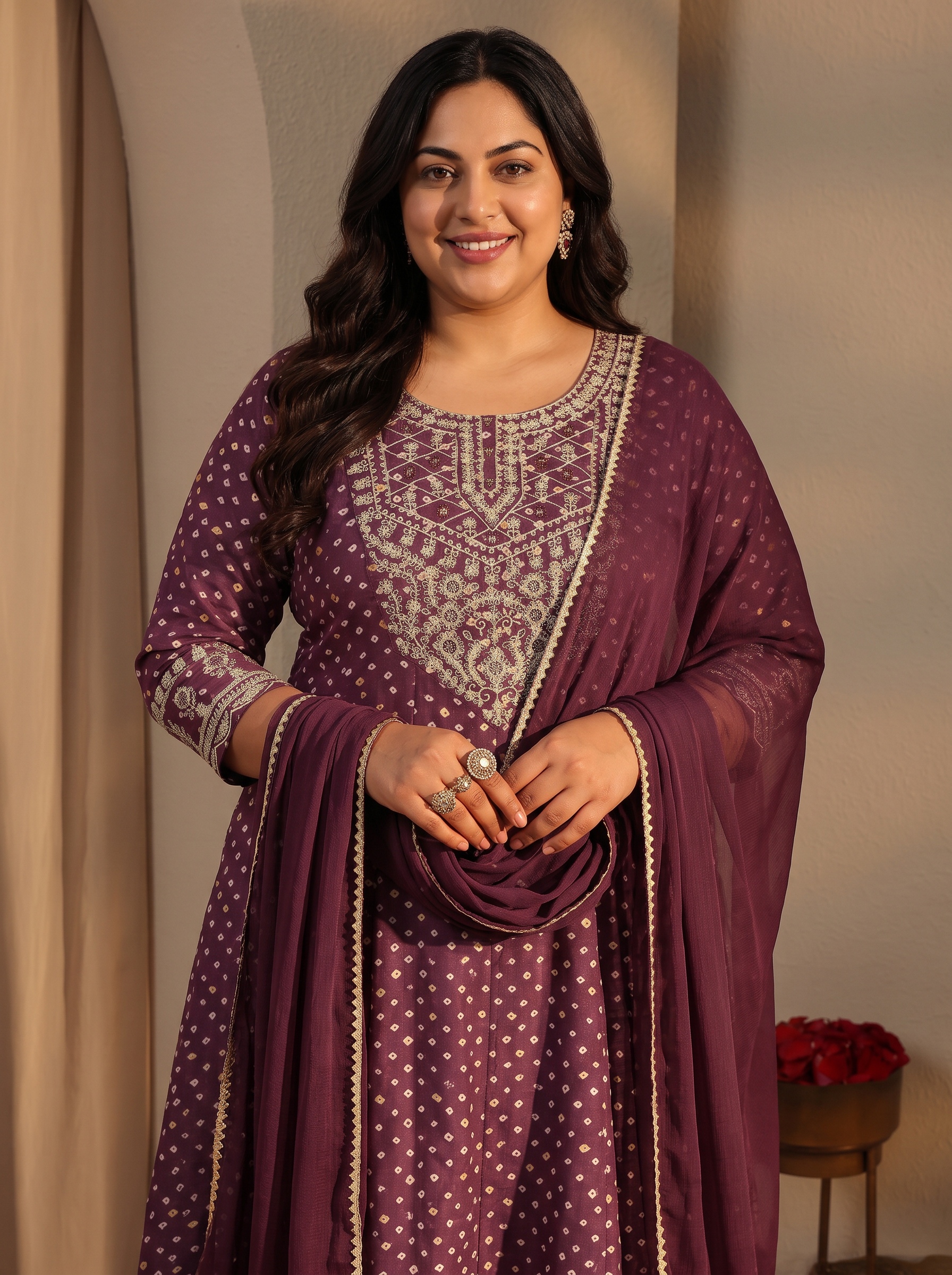 Plus Size Burgundy Embroidered Bandhani Kurta Set with Dupatta