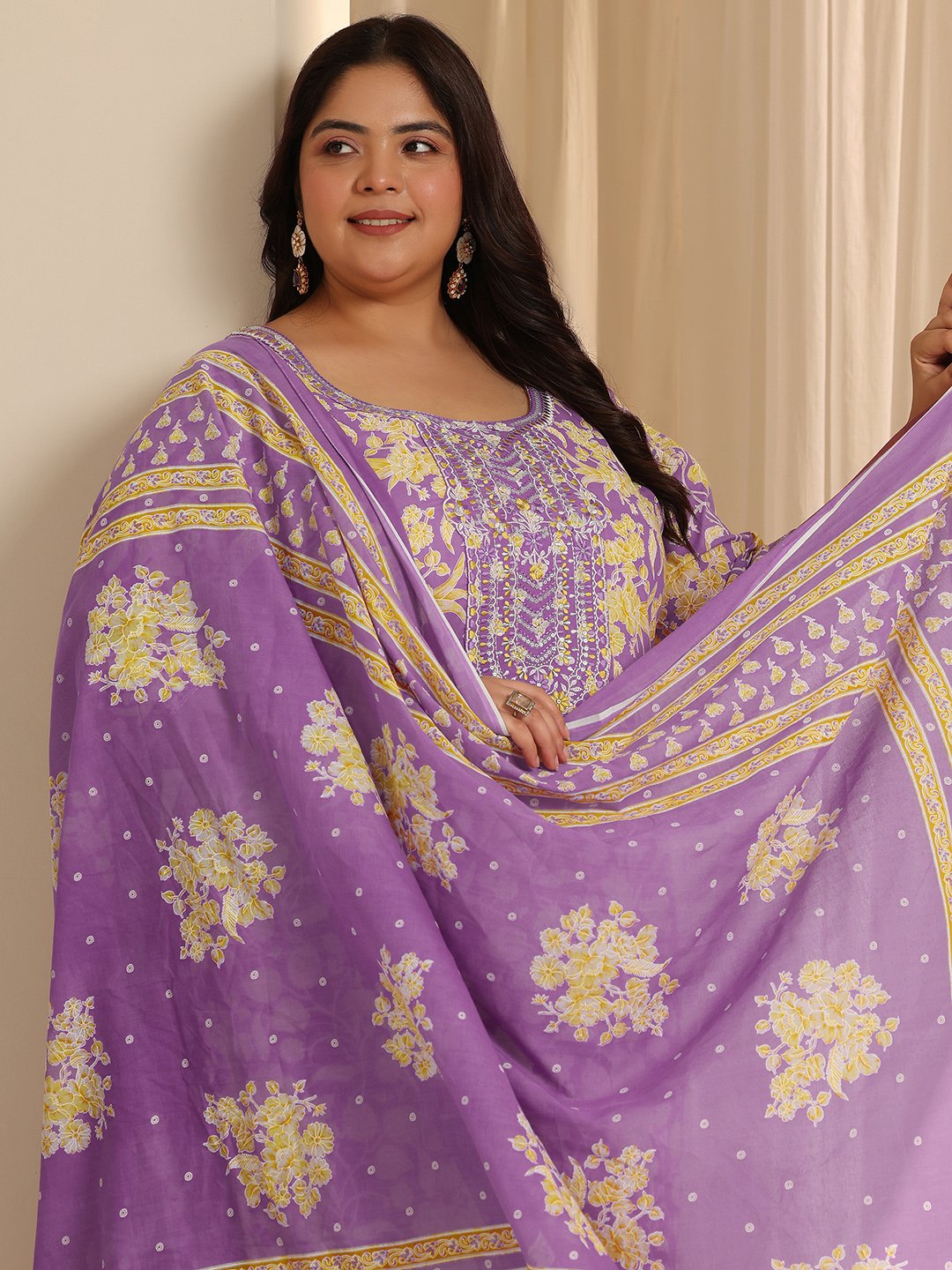 Plus Size Printed Cotton Kurta Set with Dupatta
