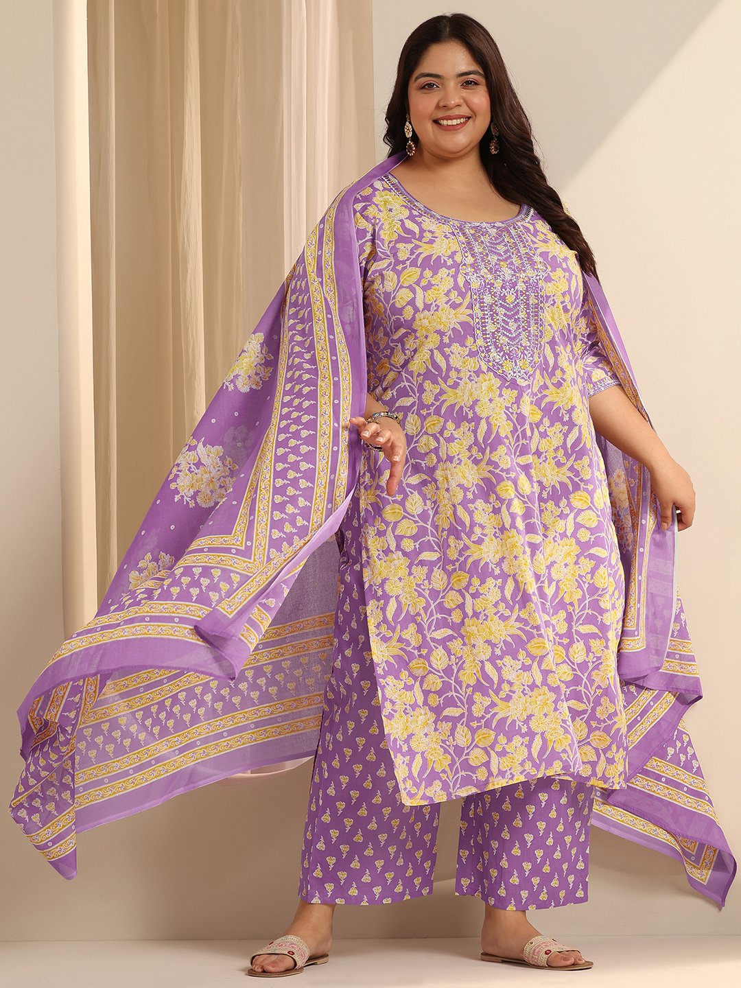 Plus Size Printed Cotton Kurta Set with Dupatta