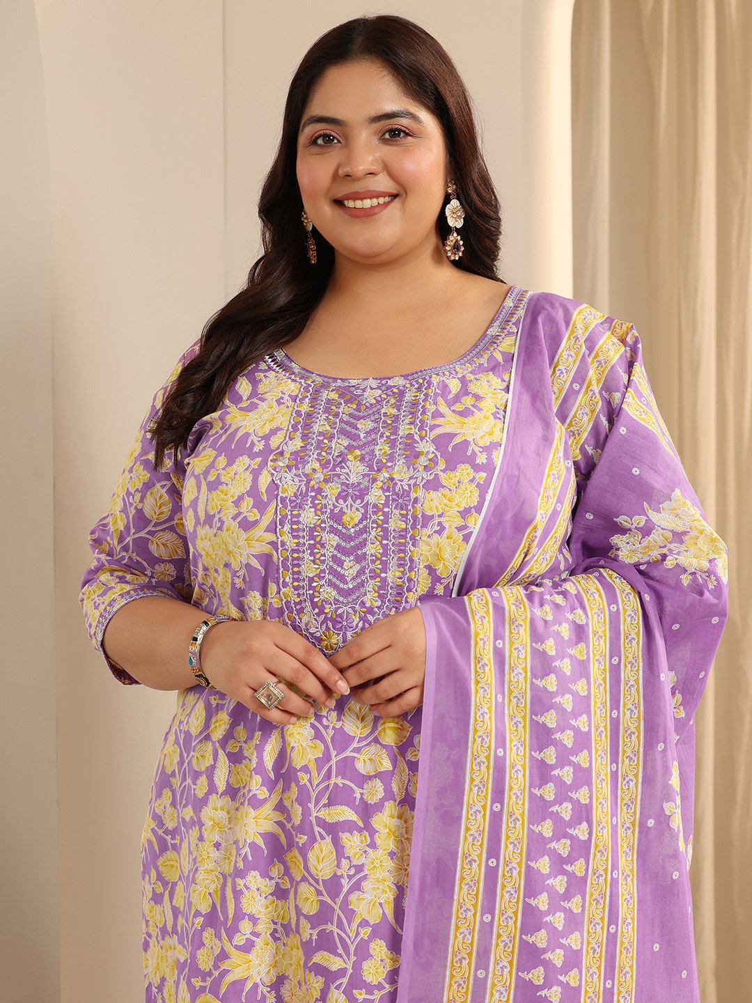 Plus Size Printed Cotton Kurta Set with Dupatta