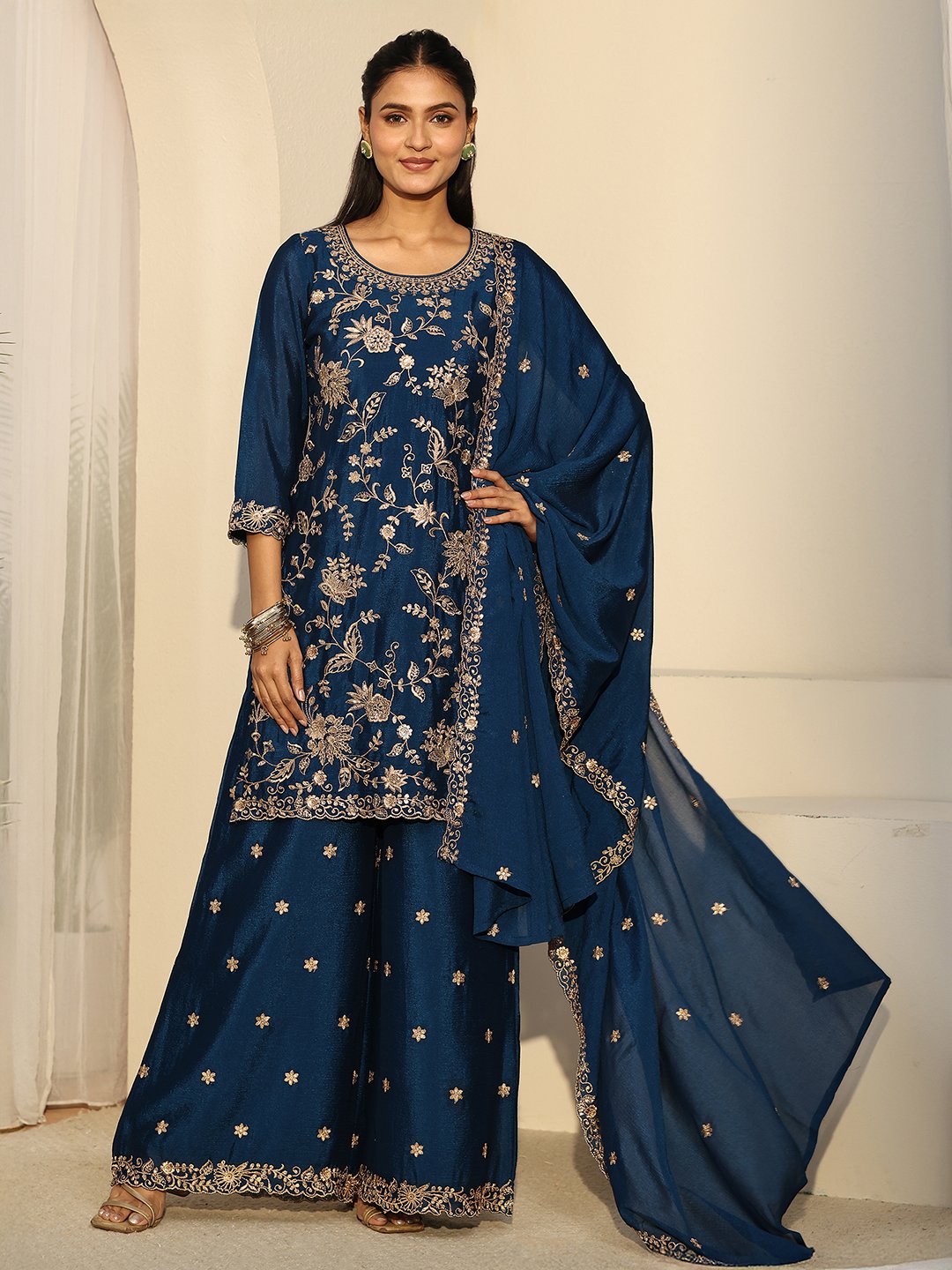 Blue Embroidered Kurta Palazzo Dupatta Set