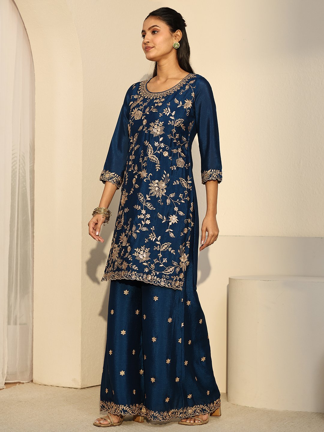 Blue Embroidered Kurta Palazzo Dupatta Set