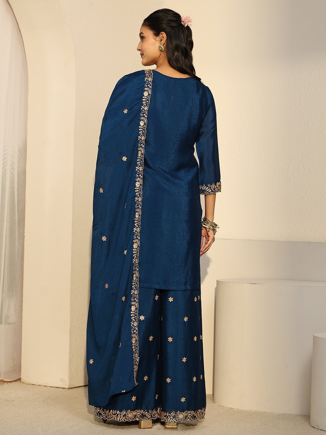 Blue Embroidered Kurta Palazzo Dupatta Set