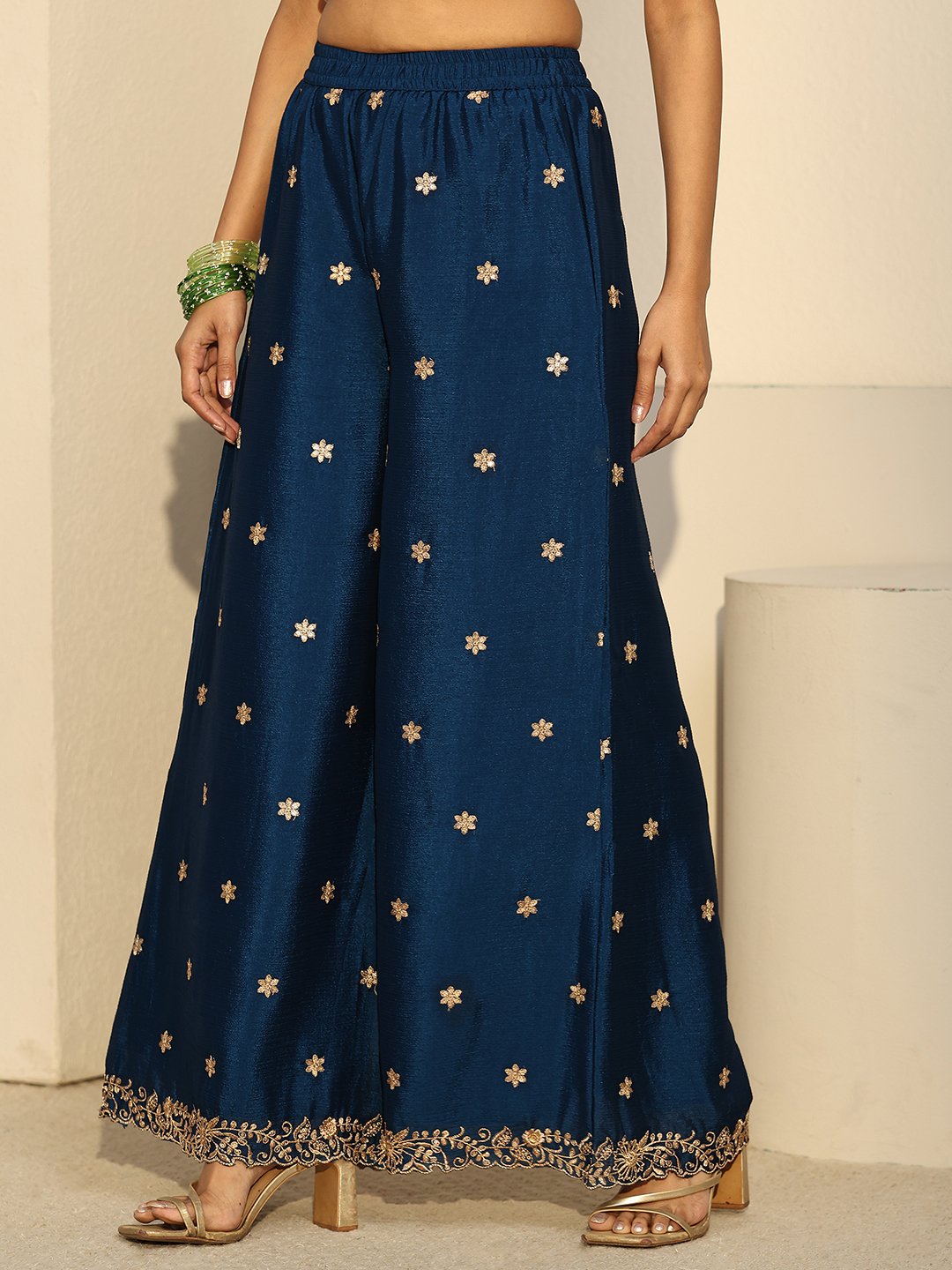 Blue Embroidered Kurta Palazzo Dupatta Set