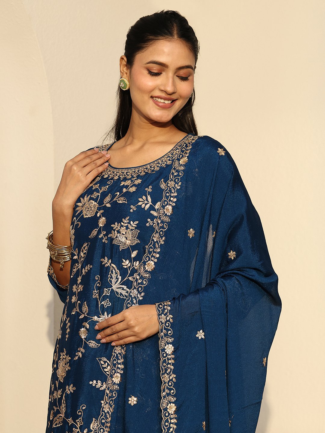 Blue Embroidered Kurta Palazzo Dupatta Set