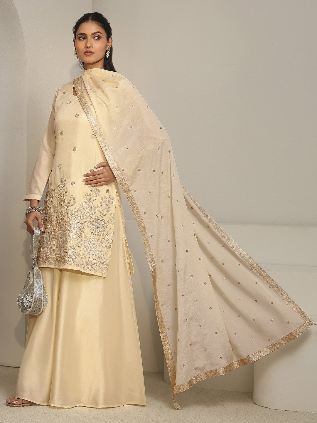 Cream Embroidered Kurta Set with Wide-Leg Palazzo and Dupatta