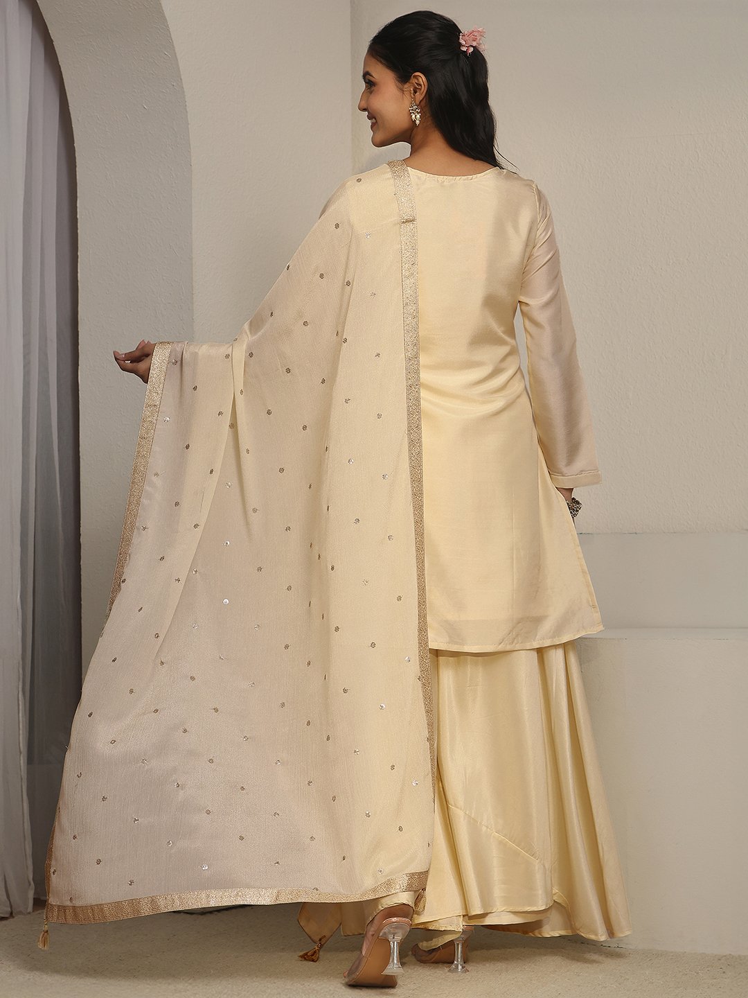 Cream Embroidered Kurta Set with Wide-Leg Palazzo and Dupatta
