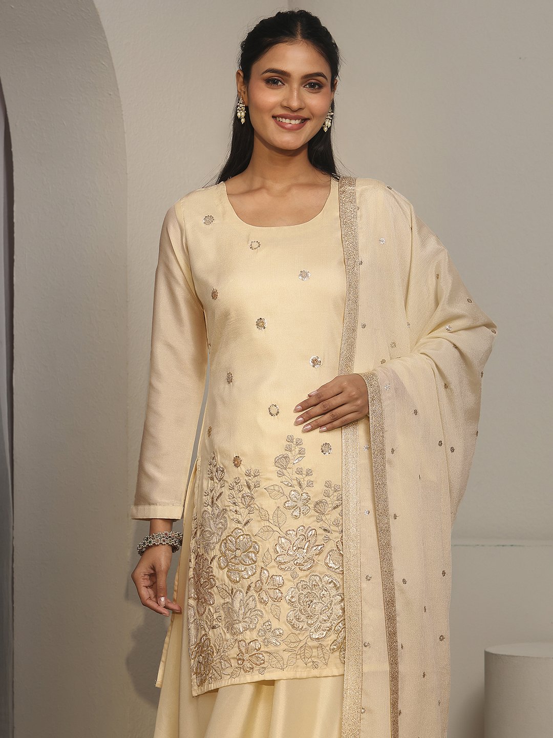 Cream Embroidered Kurta Set with Wide-Leg Palazzo and Dupatta