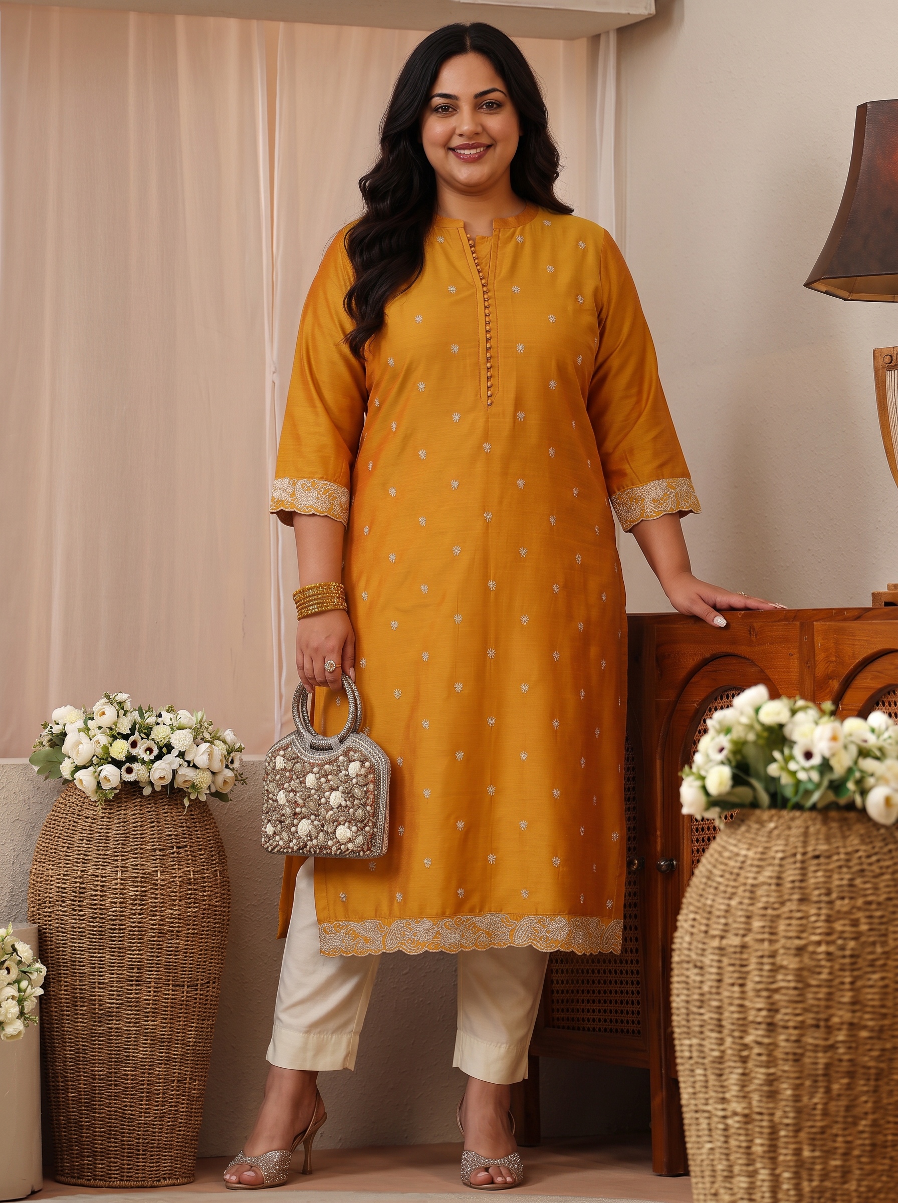 Mustard Zari Embroidered Plus Size Kurta with Mandarin Collar